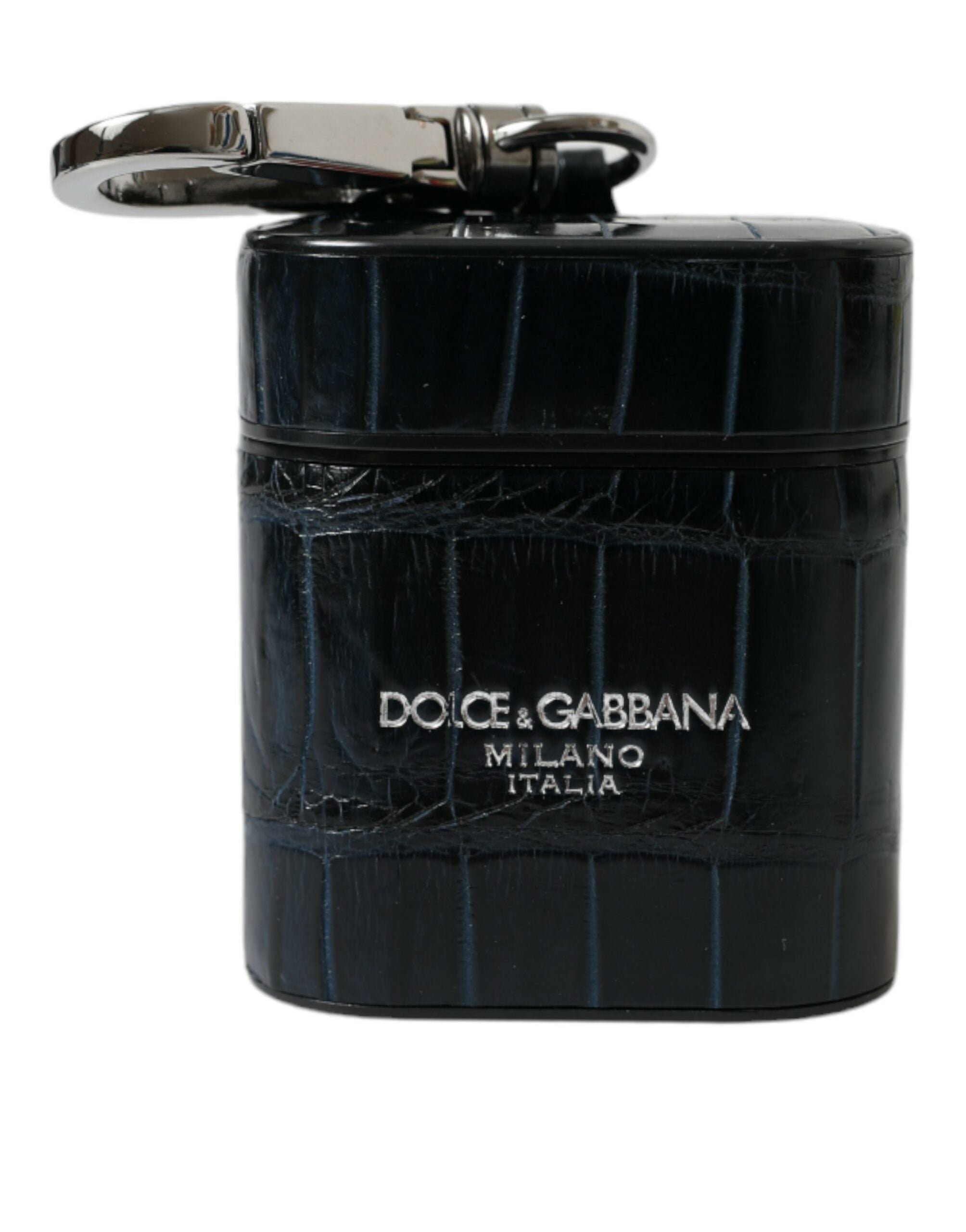 Dolce & Gabbana Schwarzes Krokodilleder Silber Metall Logo Airpods Etui-2