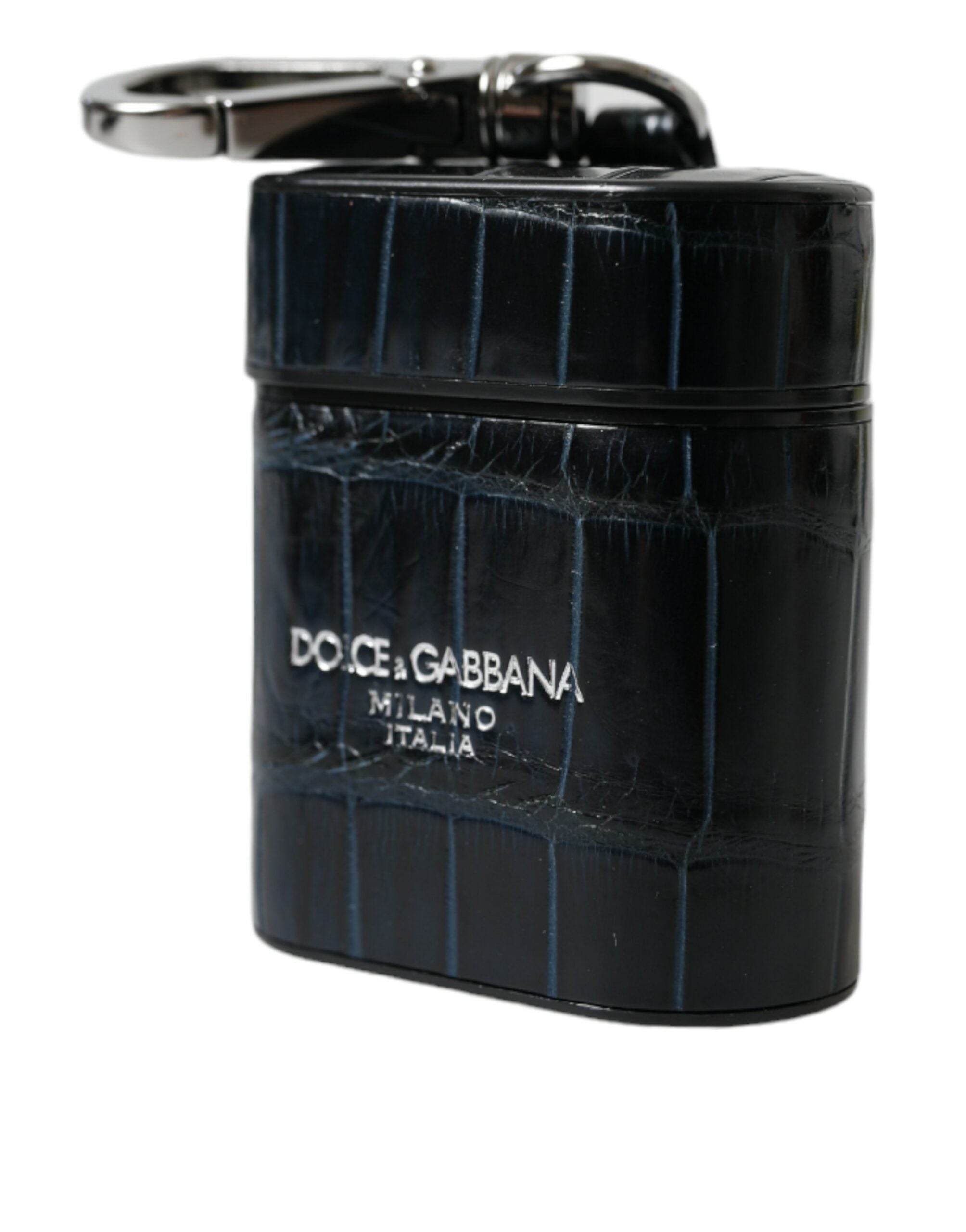 Dolce & Gabbana Schwarzes Krokodilleder Silber Metall Logo Airpods Etui-3
