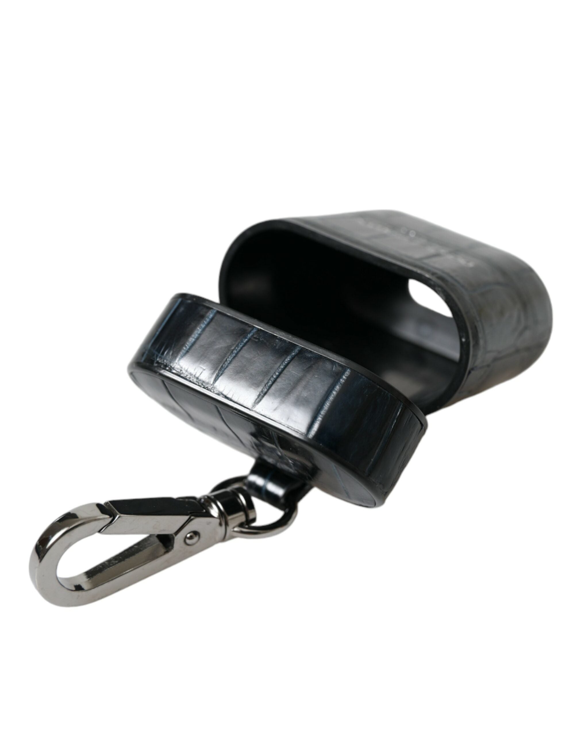 Dolce & Gabbana Schwarzes Krokodilleder Silber Metall Logo Airpods Etui-6