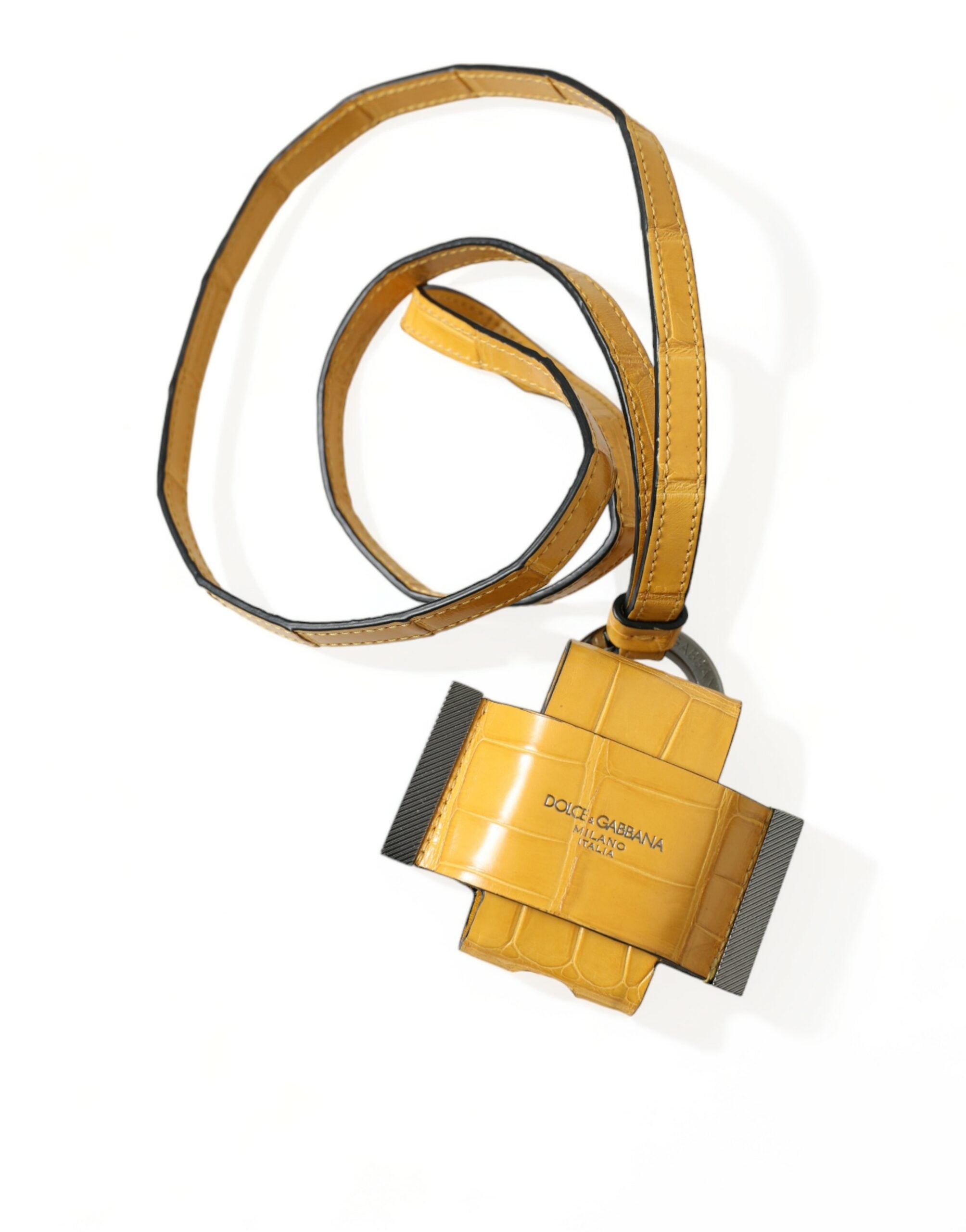 Dolce & Gabbana Yellow Crocodile Leather Logo Print Lanyard Keyring