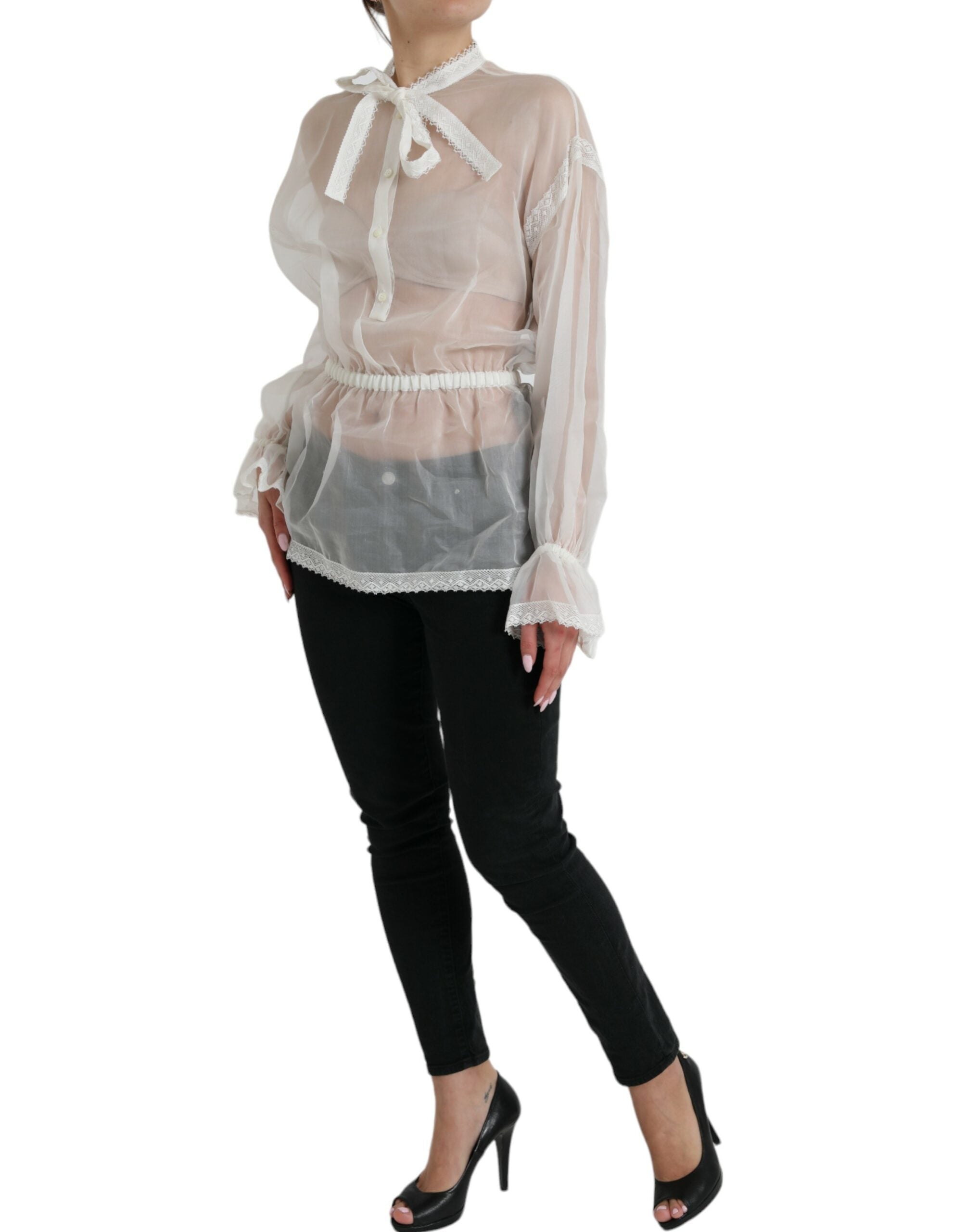 Dolce & Gabbana white silk top with long sleeves and ascot collar-1