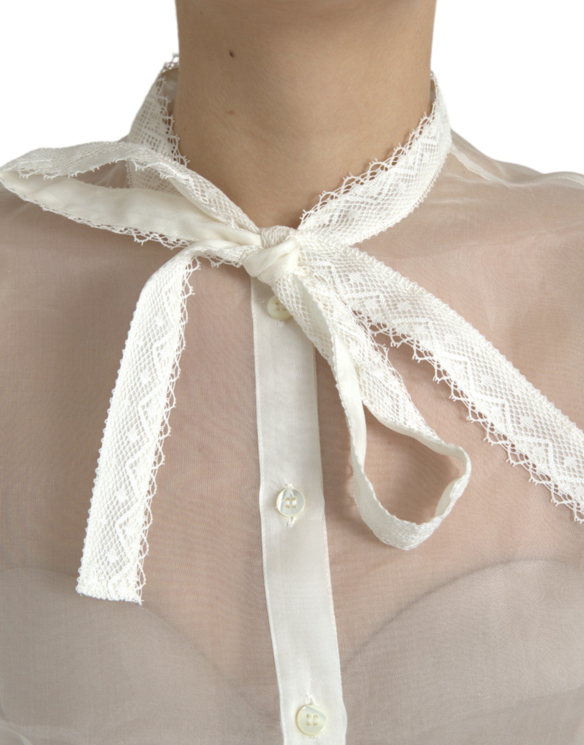 Dolce & Gabbana white silk top with long sleeves and ascot collar-3