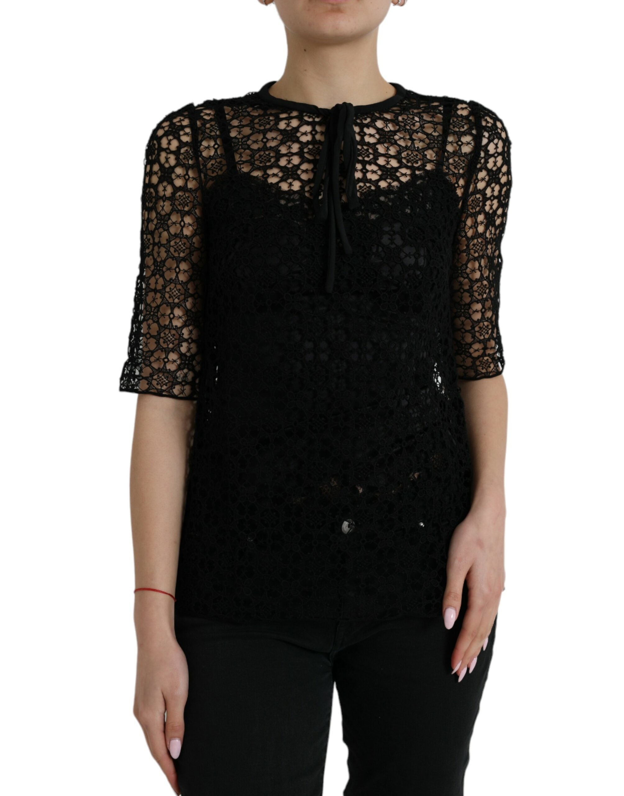 Blusa negra Dolce & Gabbana con encaje floral y mangas cortas-1