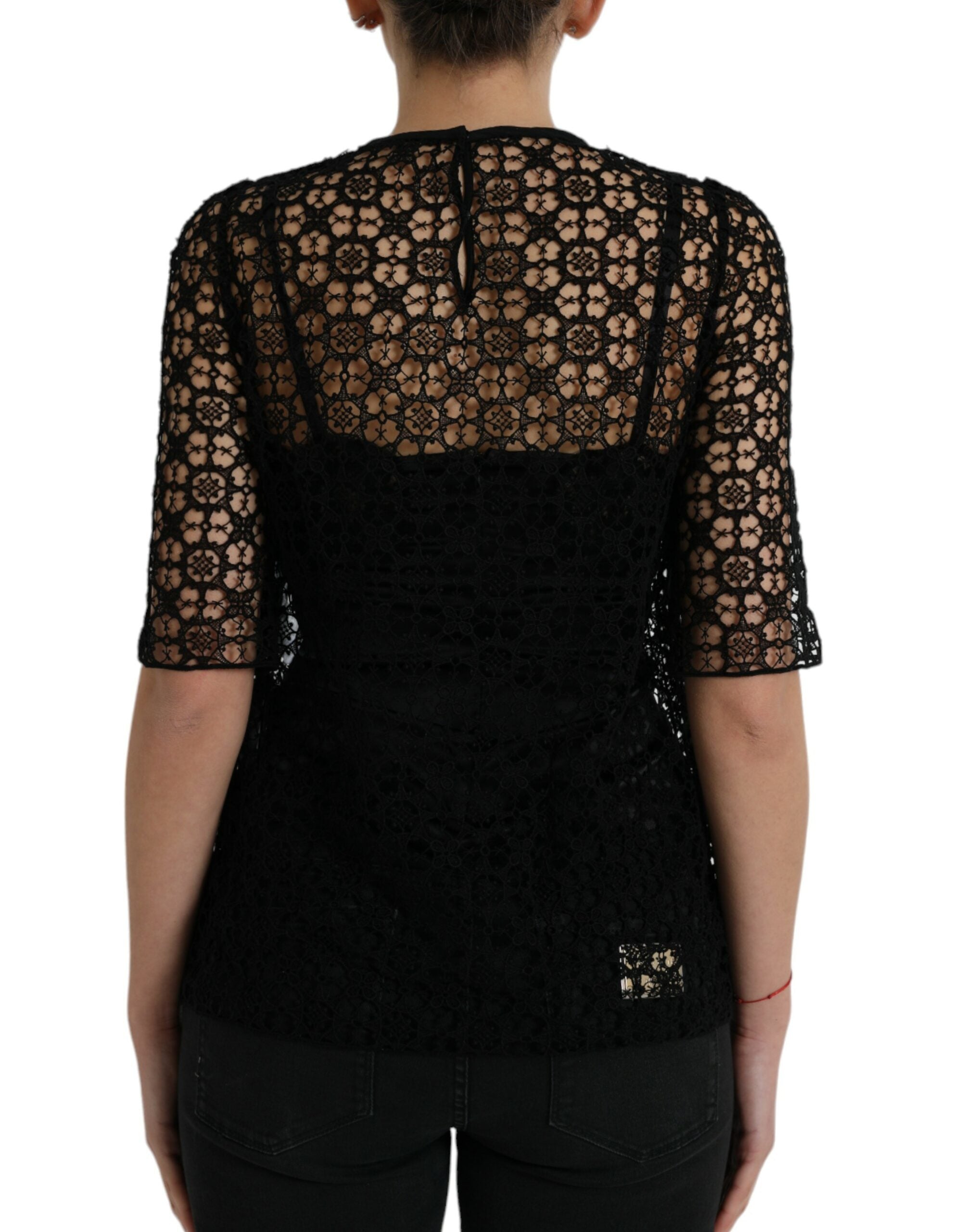 Blusa negra Dolce & Gabbana con encaje floral y mangas cortas-3