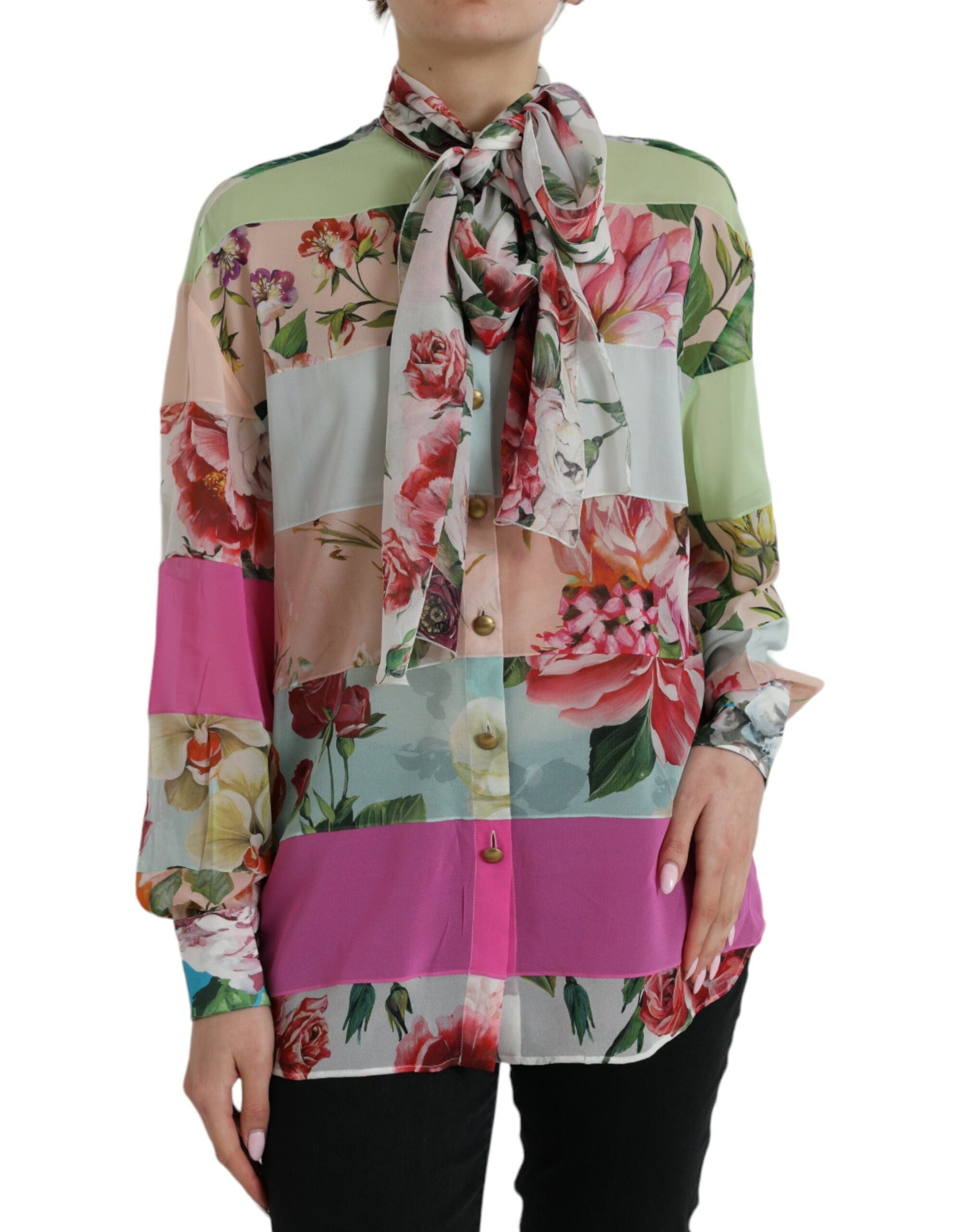 Dolce & Gabbana Multicolor Floral Patchwork Ascot Collar Top-1