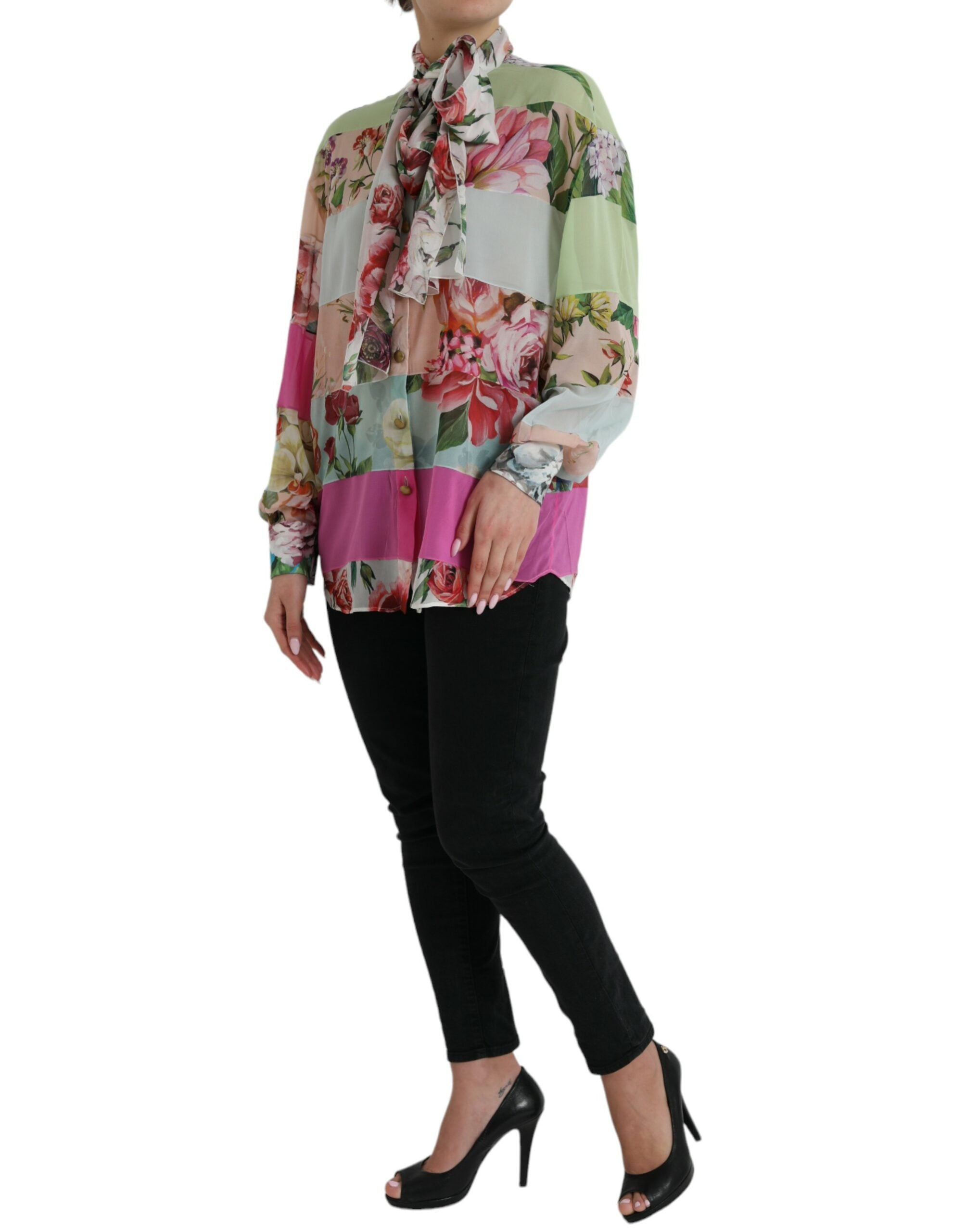 Dolce & Gabbana Multicolor Floral Patchwork Ascot Collar Top-2