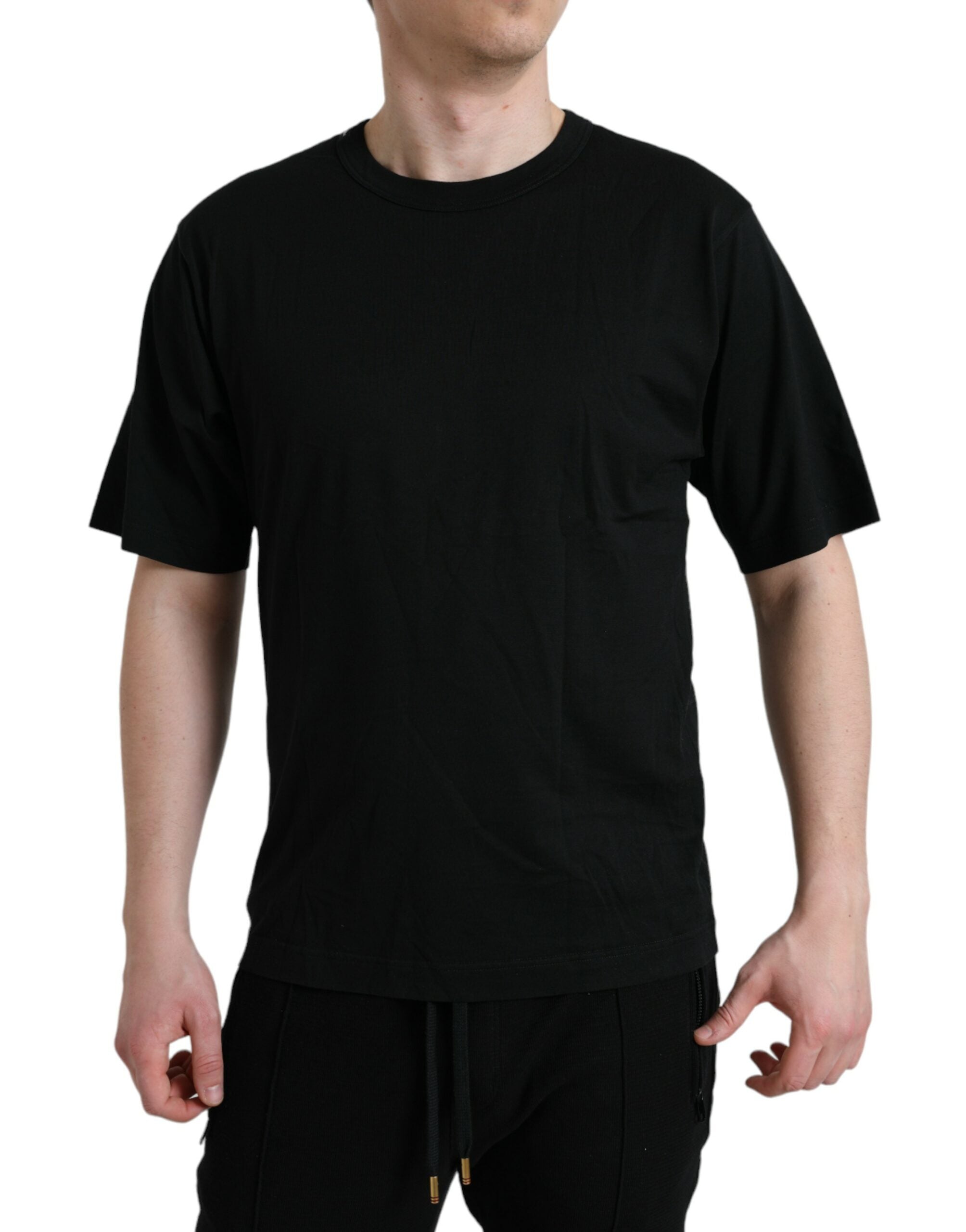 Dolce & Gabbana Schwarzes T-Shirt mit Rundhalsausschnitt und kurzen Ärmeln mit Logo-Prägung-6
