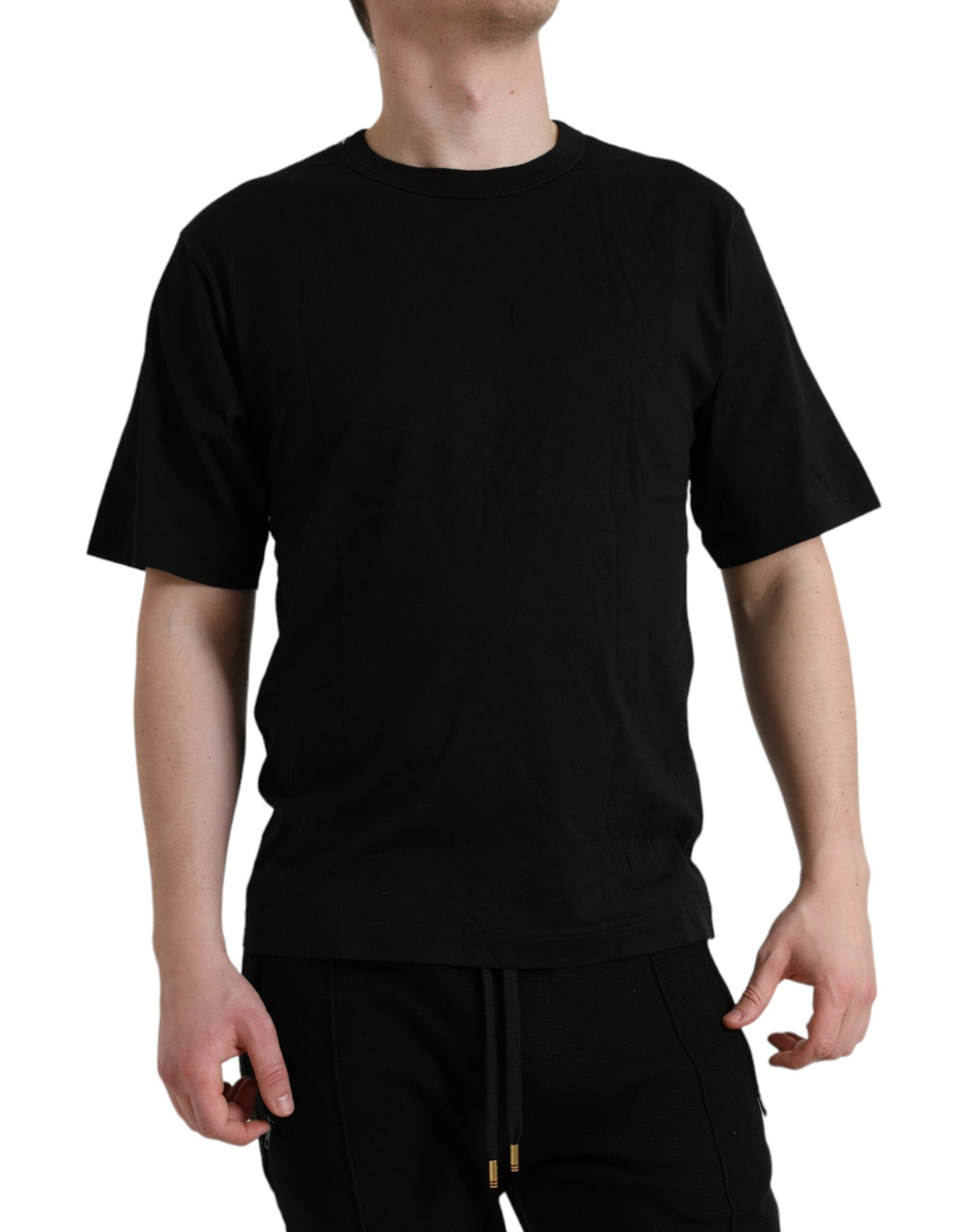 Dolce & Gabbana Schwarzes T-Shirt mit Rundhalsausschnitt und kurzen Ärmeln mit Logo-Prägung-1