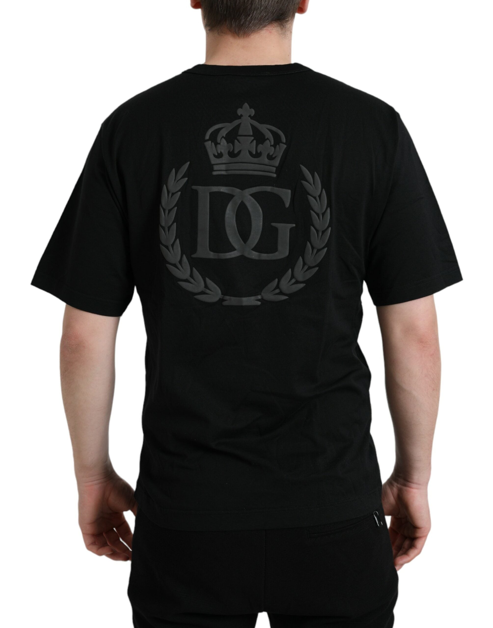 Dolce & Gabbana Schwarzes T-Shirt mit Rundhalsausschnitt und kurzen Ärmeln mit Logo-Prägung-3