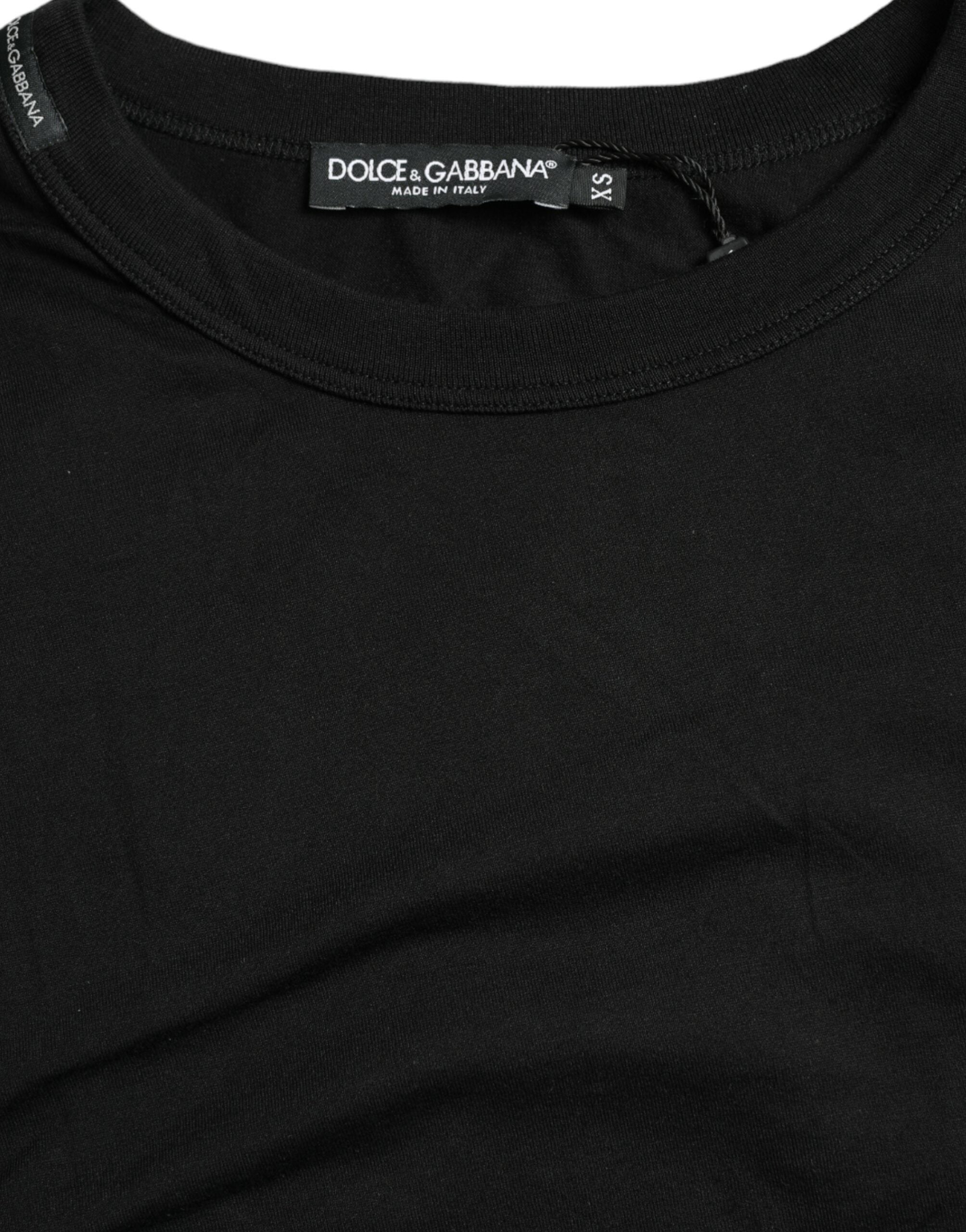 Dolce & Gabbana Schwarzes T-Shirt mit Rundhalsausschnitt und kurzen Ärmeln mit Logo-Prägung-5