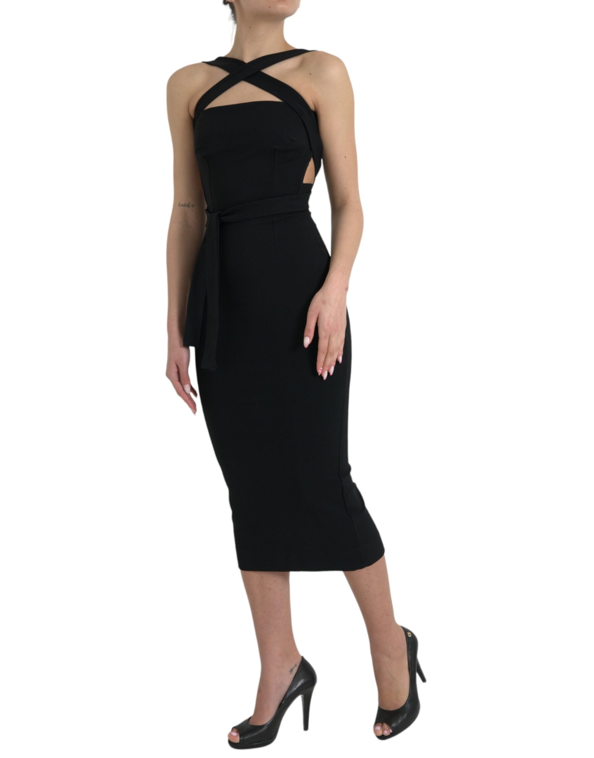 Dolce & Gabbana Black sleeveless midi dress with coat strap-2