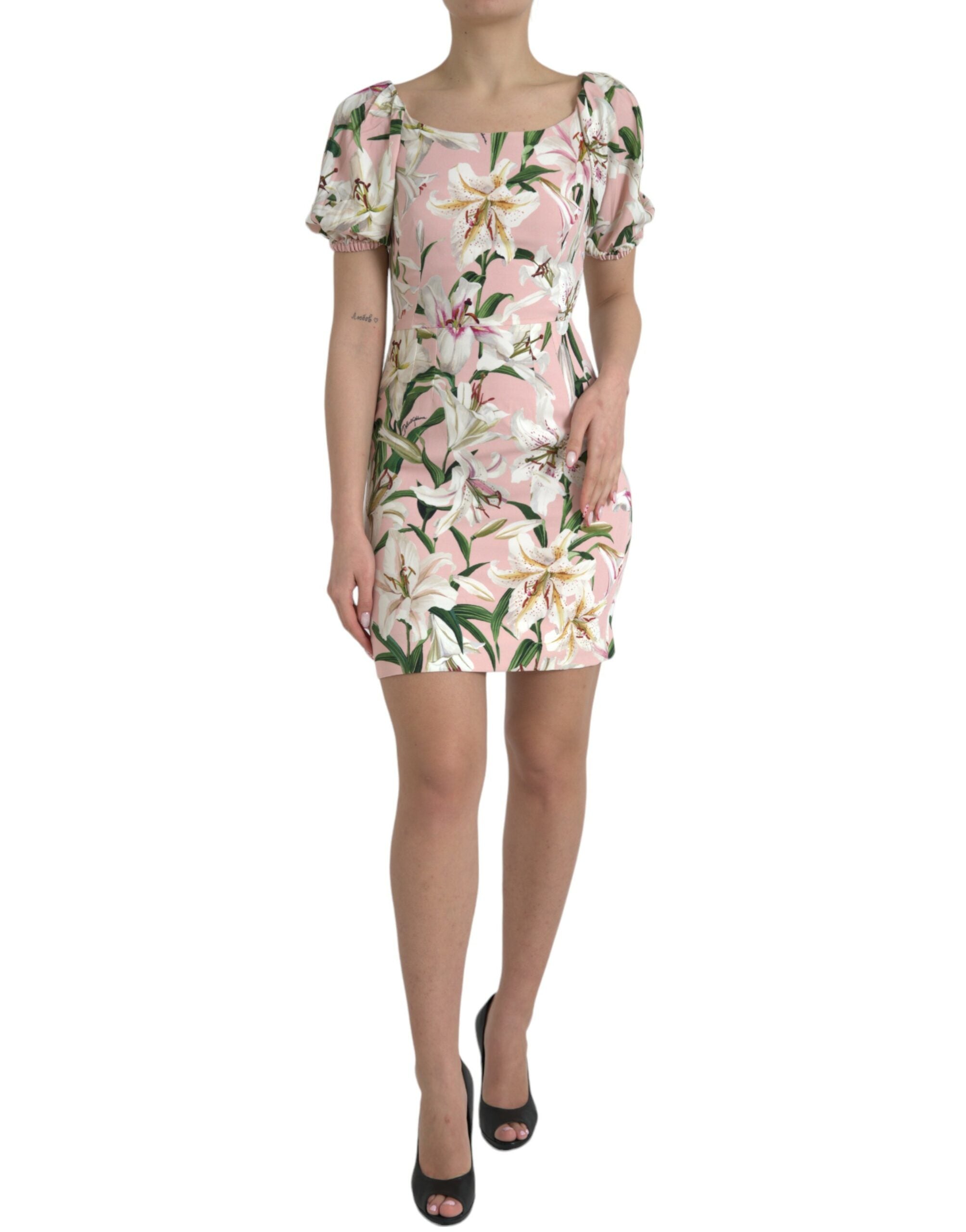 Dolce & Gabbana Pink Lily Viscose Shift Dress Stretch Mini Dress-1