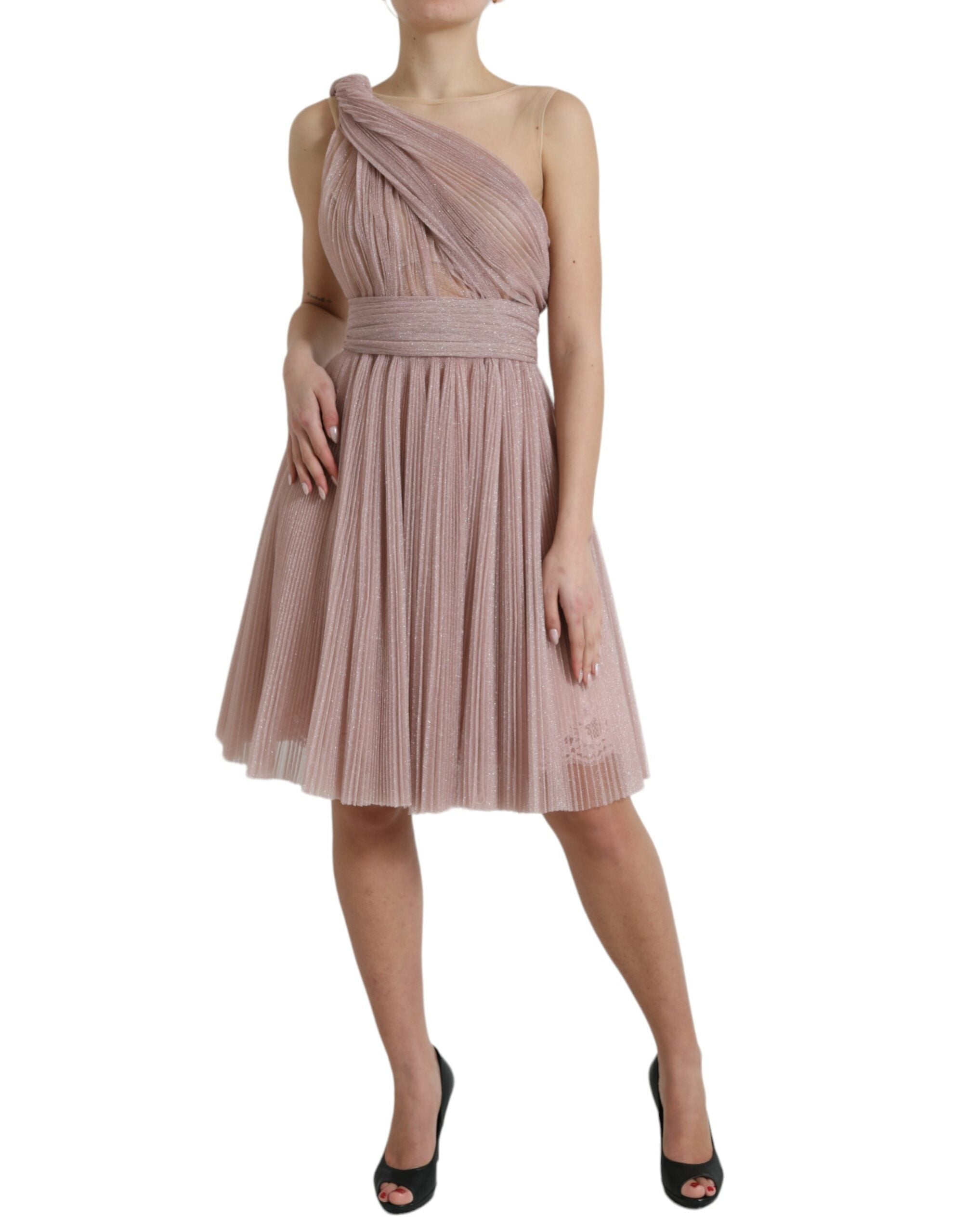 Vestido plisado lila de Dolce & Gabbana en tul laminado con un solo hombro-2
