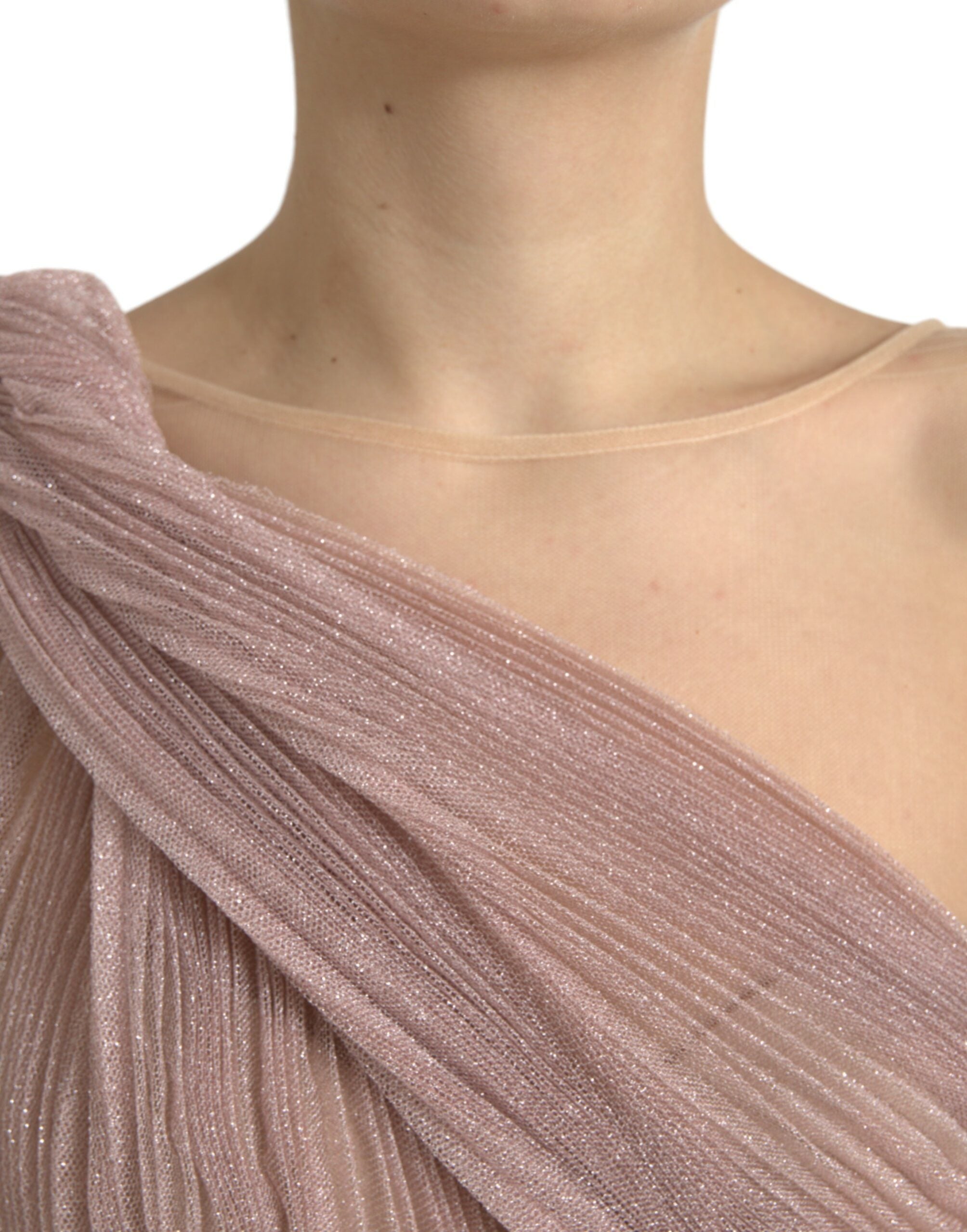 Vestido plisado lila de Dolce & Gabbana en tul laminado con un solo hombro-4