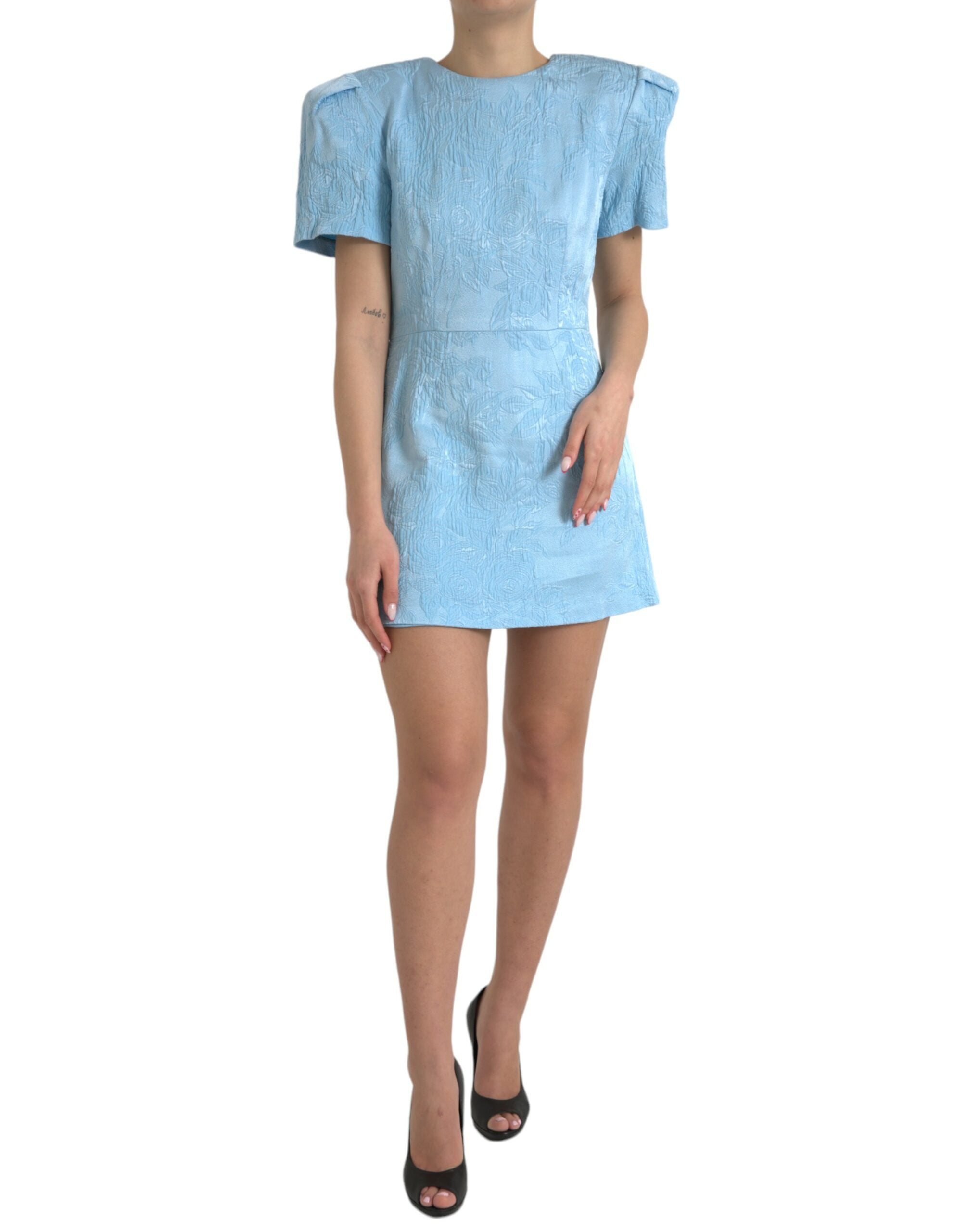 Dolce & Gabbana Light blue floral jacquard mini dress with puff sleeves-1