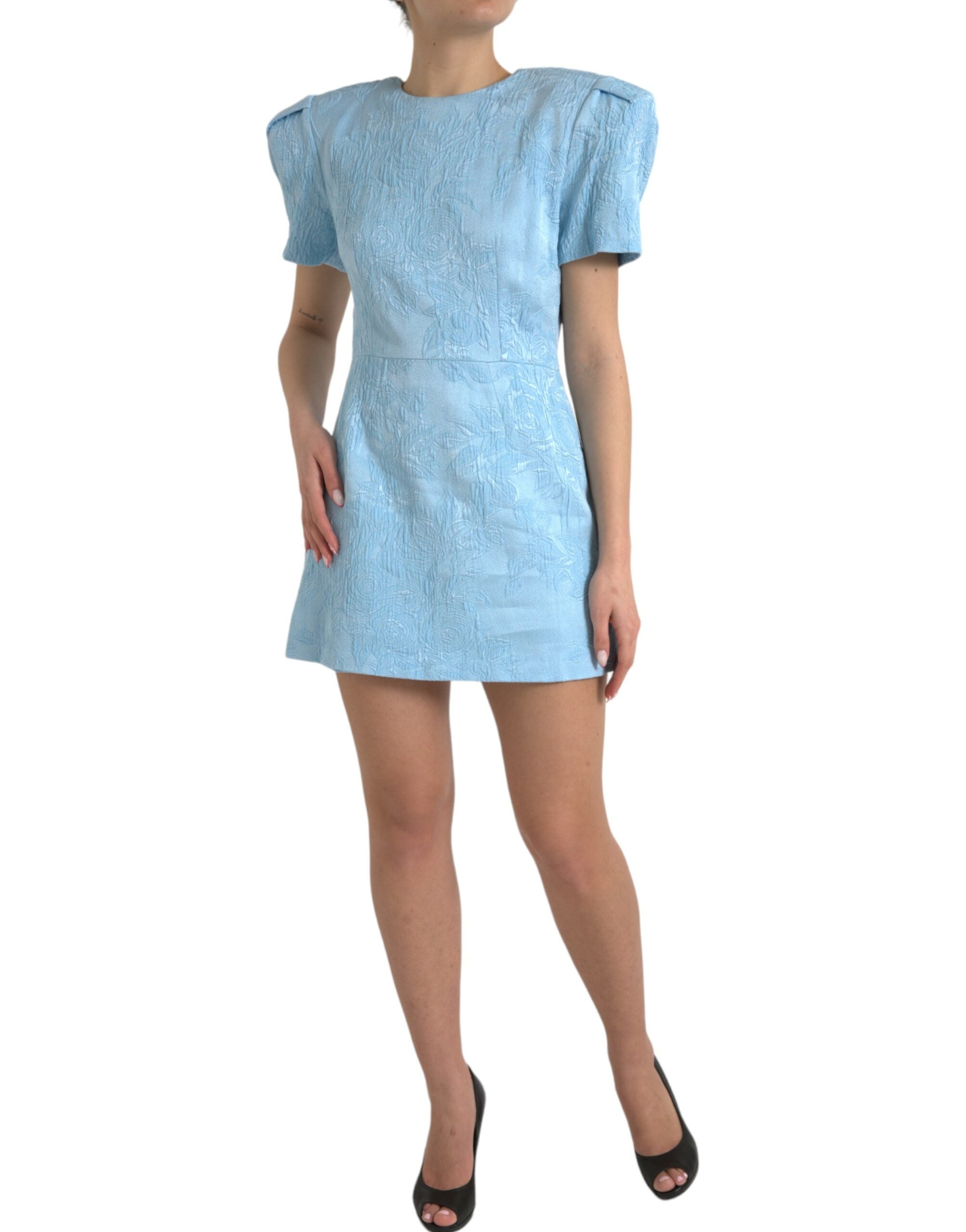 Dolce & Gabbana Light blue floral jacquard mini dress with puff sleeves-2