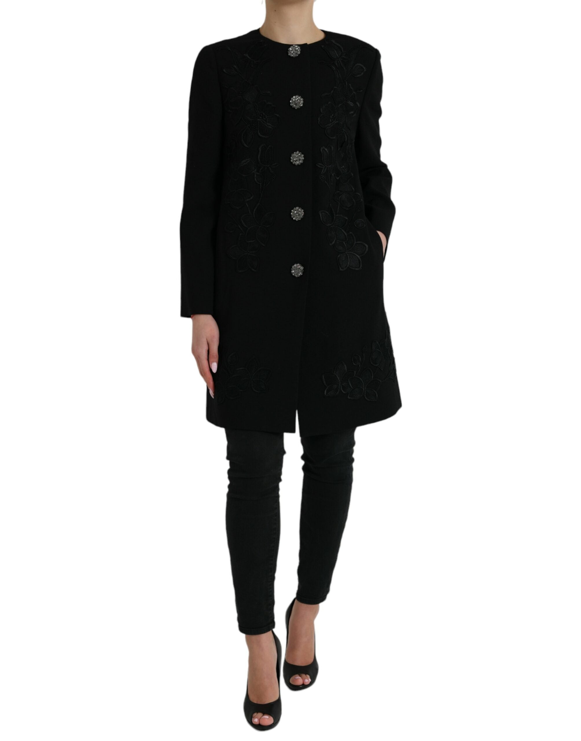 Dolce & Gabbana black wool jacket with floral pattern and buttons
