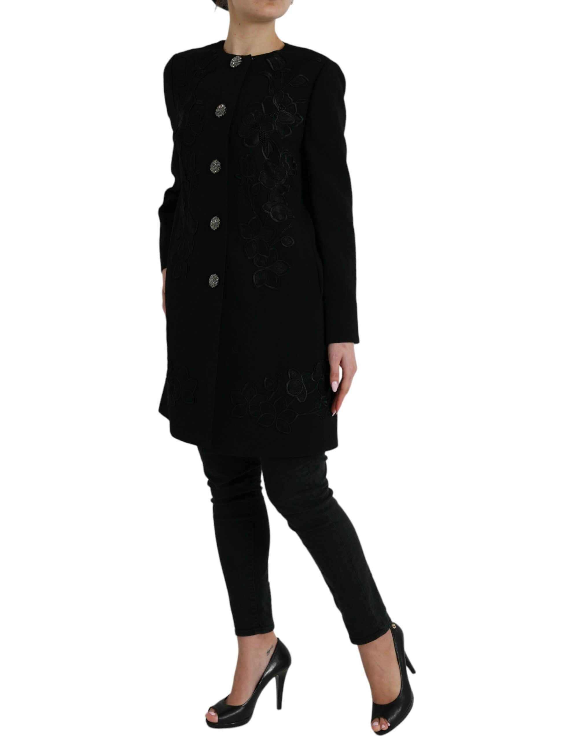 Dolce & Gabbana black wool jacket with floral pattern and buttons-2