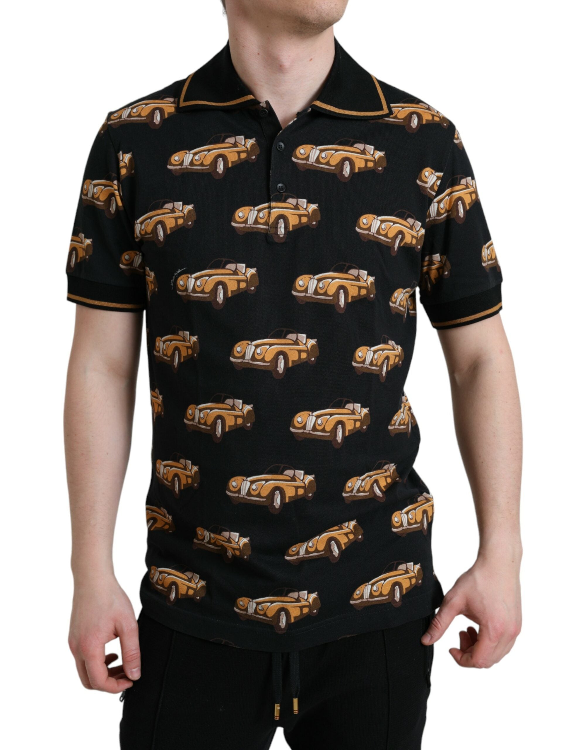Dolce & Gabbana Black Short Sleeve Polo T-Shirt with Car Print