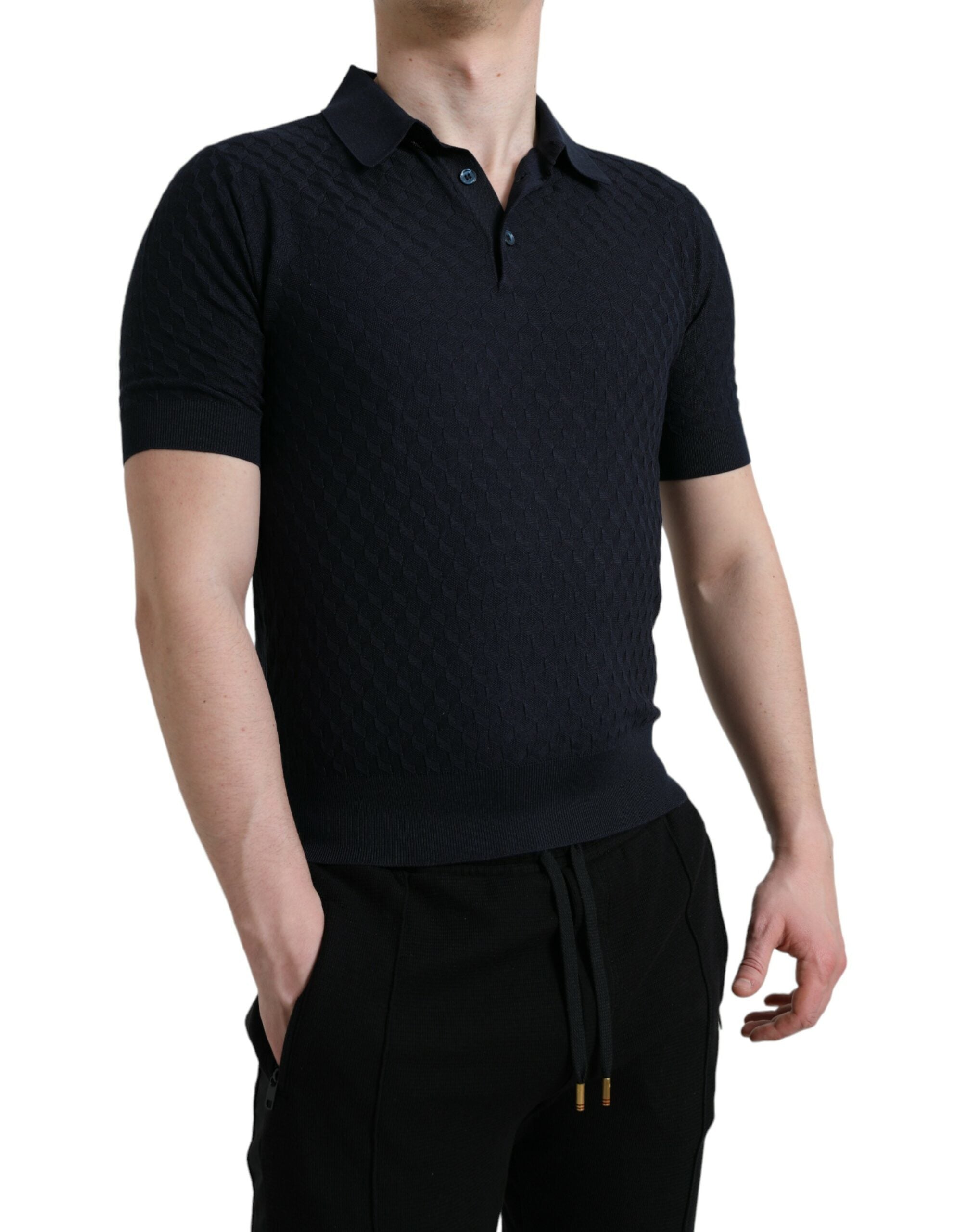 Polo azul oscuro con cuello y manga corta de Dolce & Gabbana-3