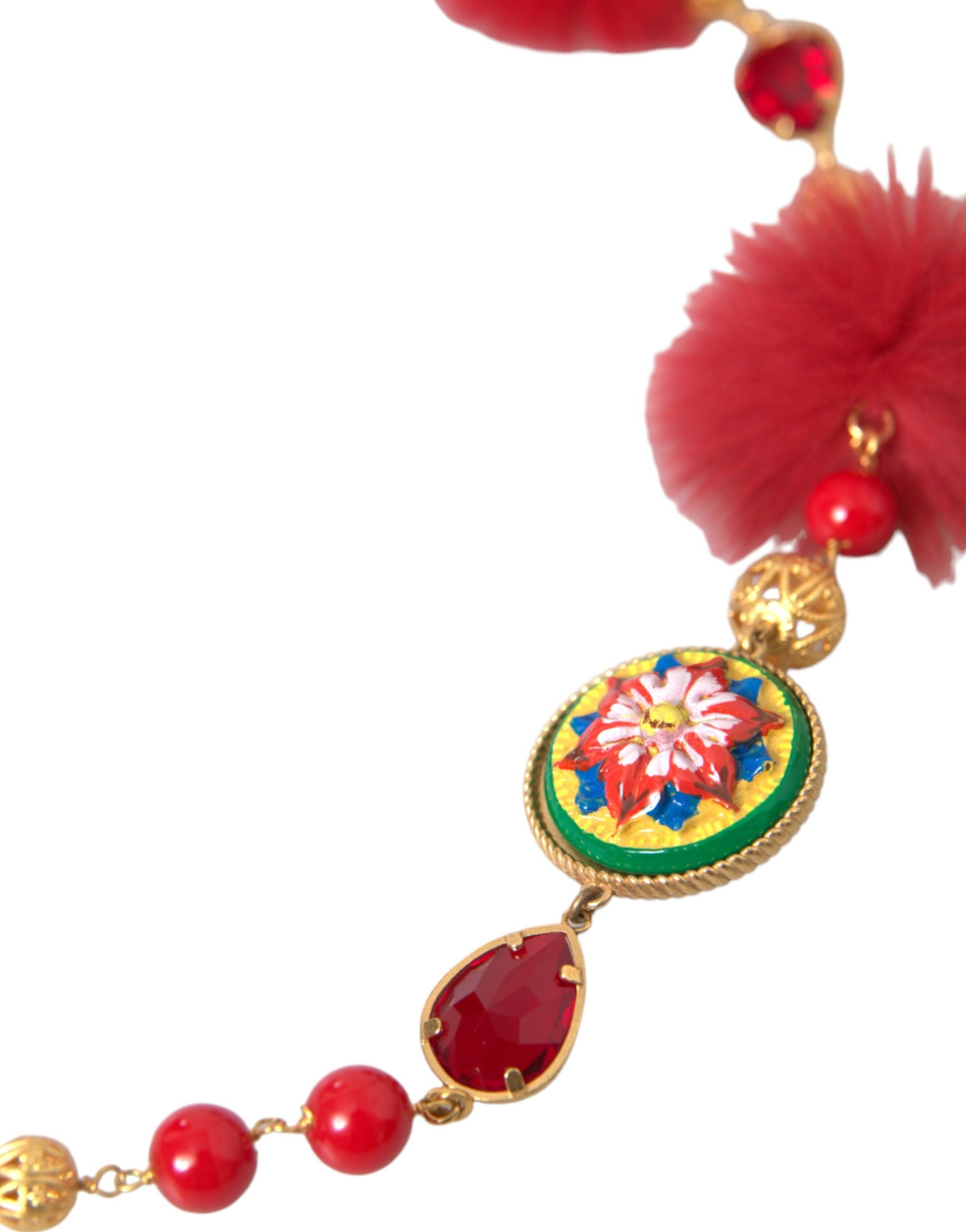 Dolce & Gabbana Gold Messing Rot Pelz Kristall Carretto Kette Halskette-2