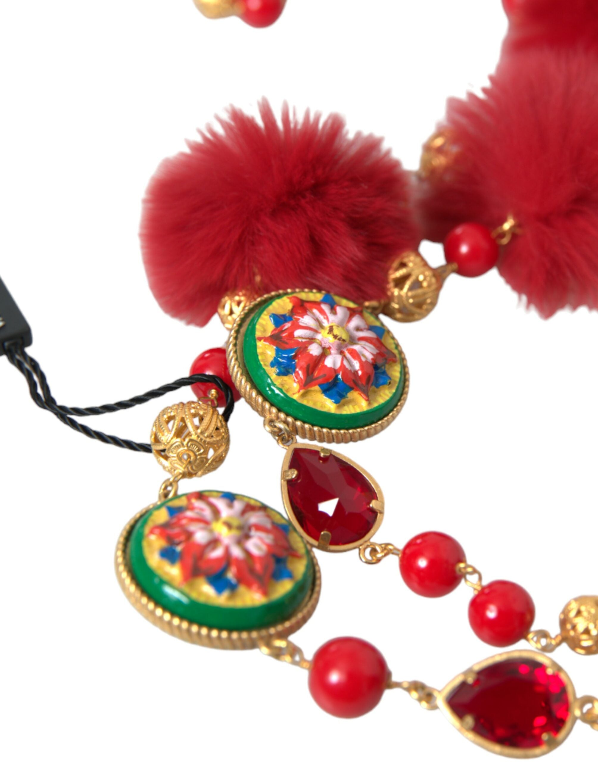 Dolce & Gabbana Gold Messing Rot Pelz Kristall Carretto Kette Halskette-3