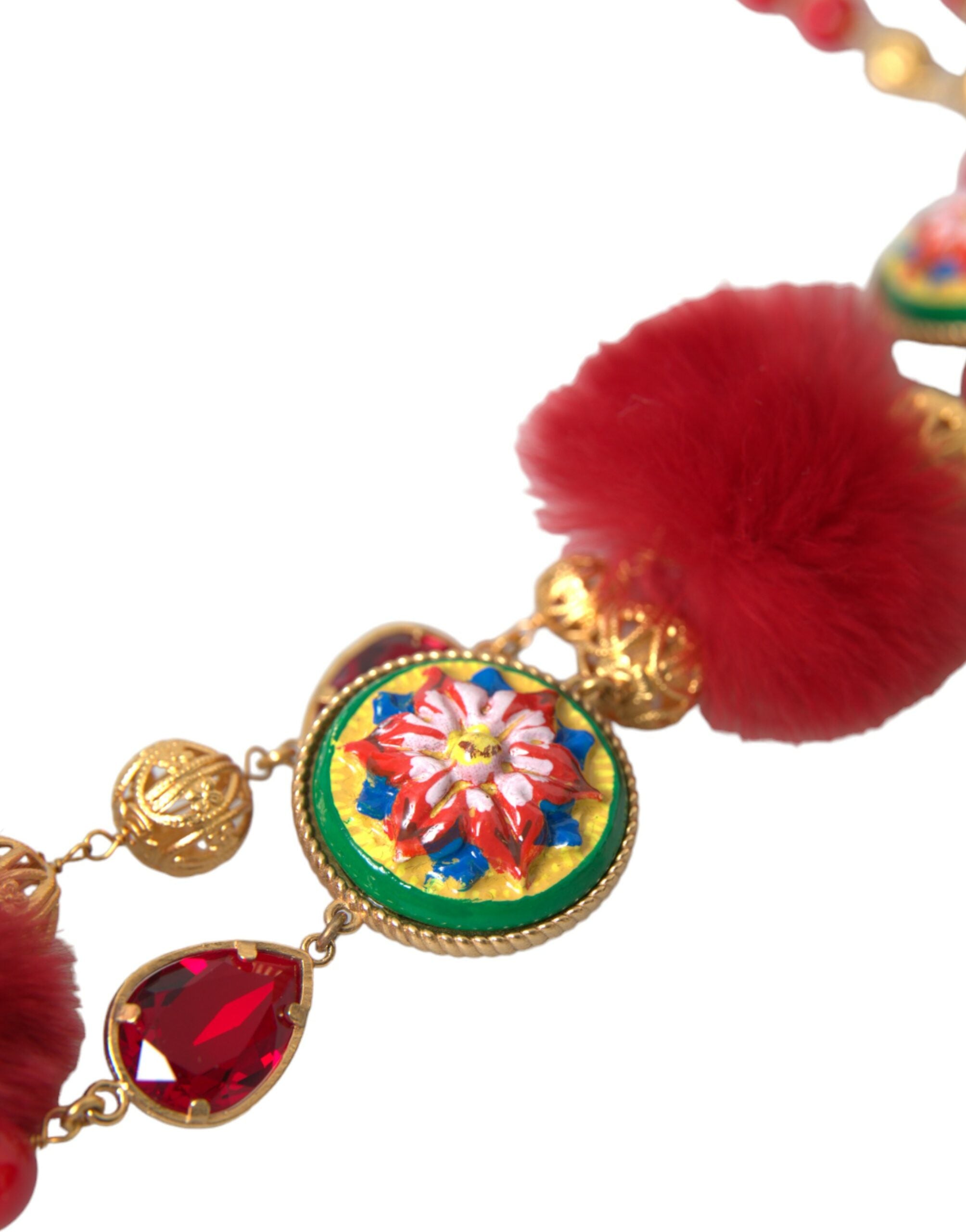 Dolce & Gabbana Gold Messing Rot Pelz Kristall Carretto Kette Halskette-4