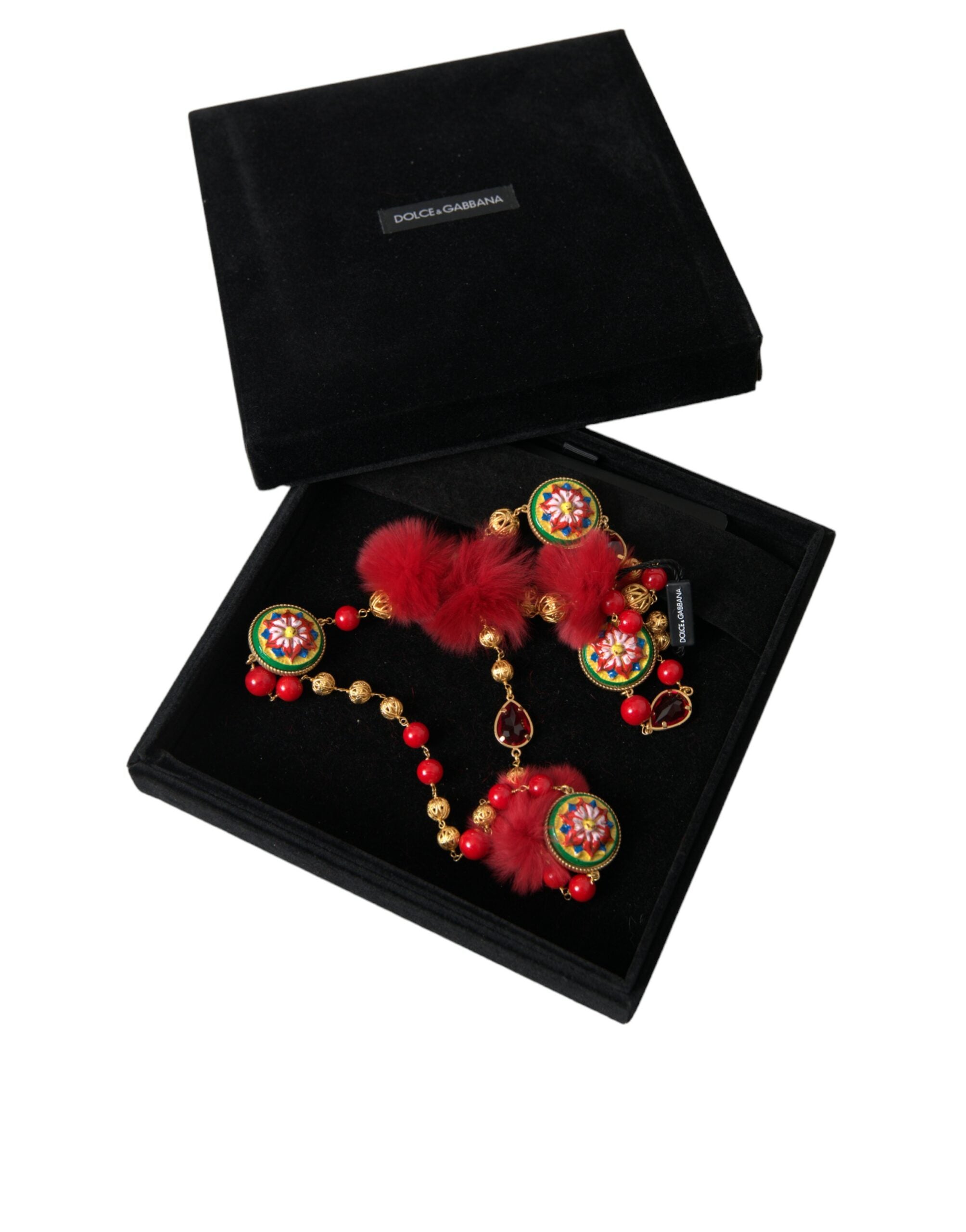 Dolce & Gabbana Gold Messing Rot Pelz Kristall Carretto Kette Halskette-5