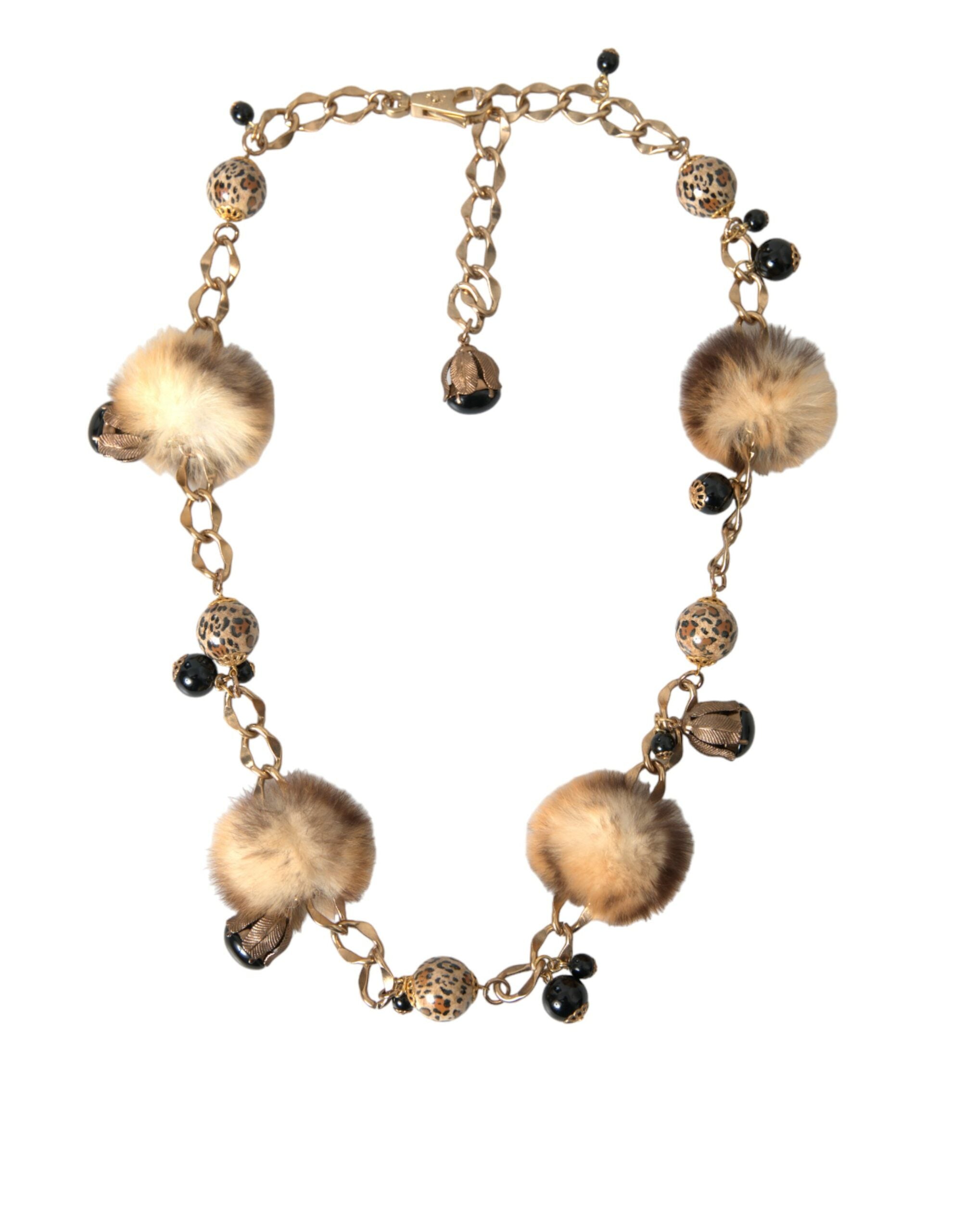 Dolce & Gabbana Gold Brass Leopard Fur Pearl Necklace Belt