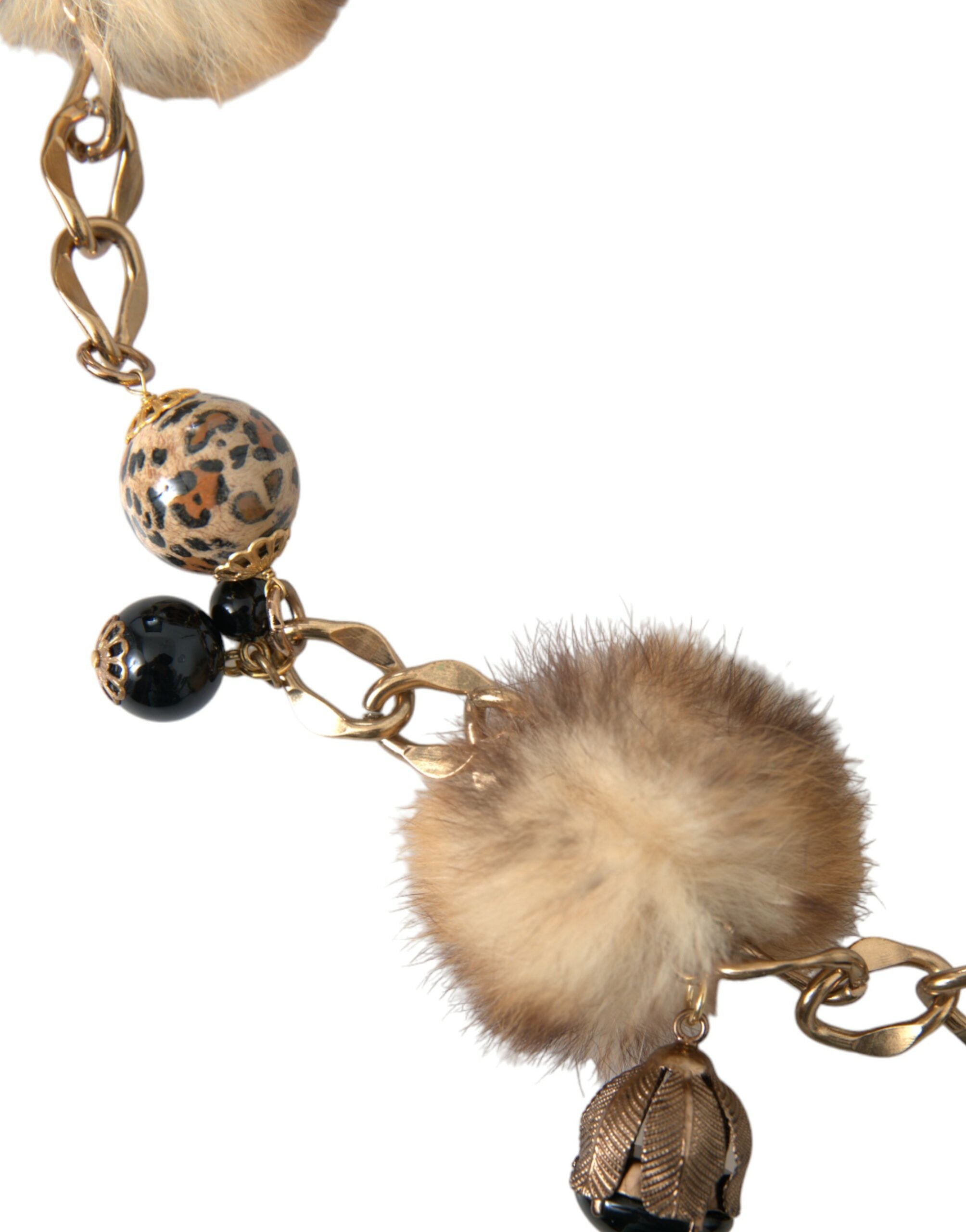 Dolce & Gabbana Gold Messing Leopard Pelz Perle Collier Kette Gürtel-4