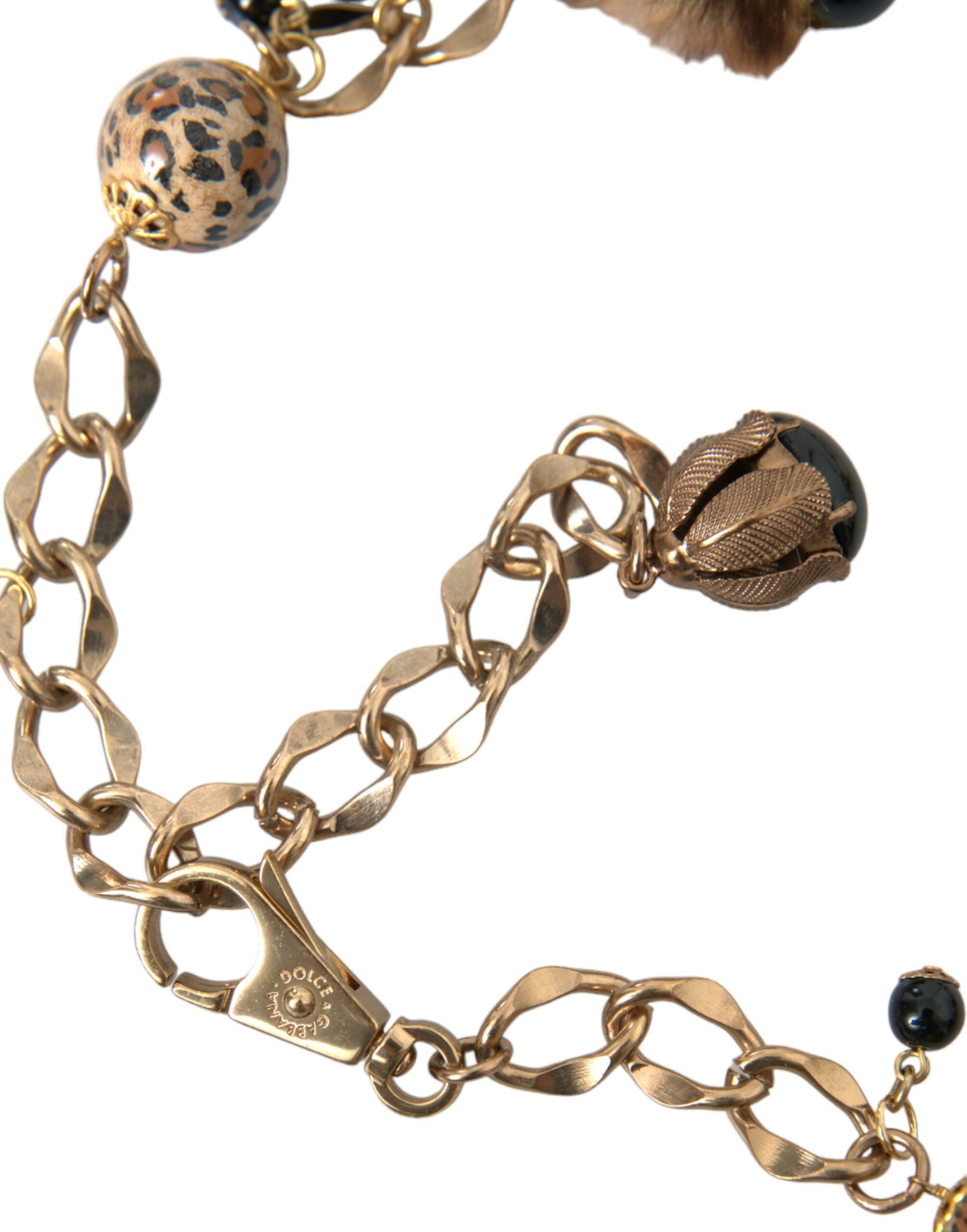 Dolce & Gabbana Gold Messing Leopard Pelz Perle Collier Kette Gürtel-5