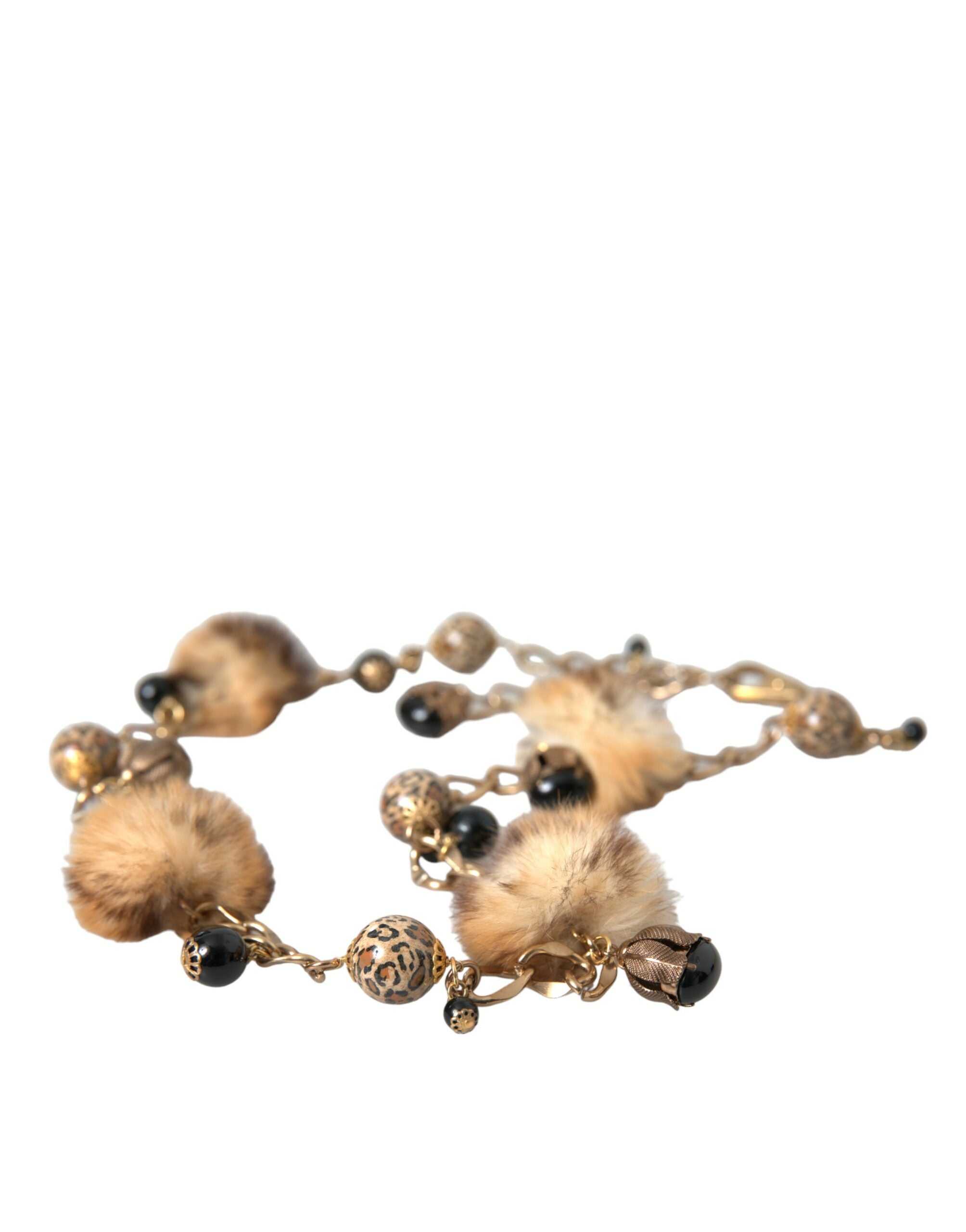 Dolce & Gabbana Gold Messing Leopard Pelz Perle Collier Kette Gürtel-6