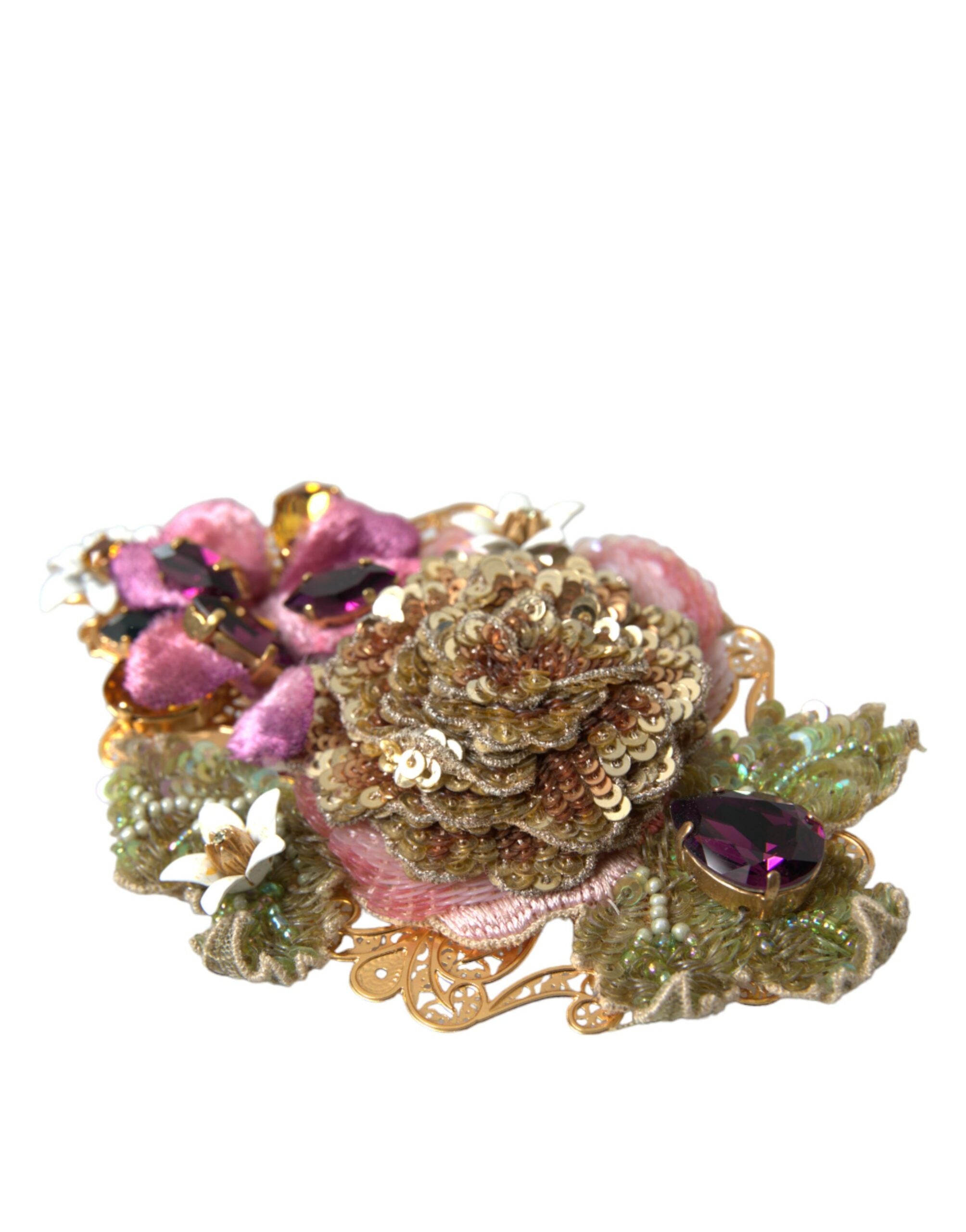 Dolce & Gabbana Gold Brass Floral Crystal Sequin Hair Clip