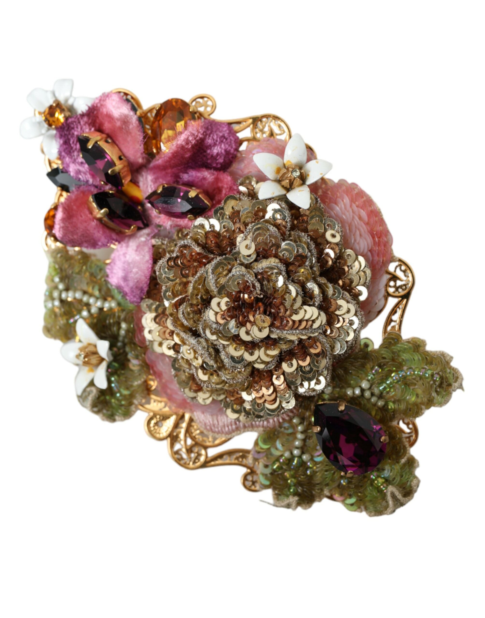 Dolce & Gabbana Gold Messing Floral Kristall Pailletten Haarspange-2