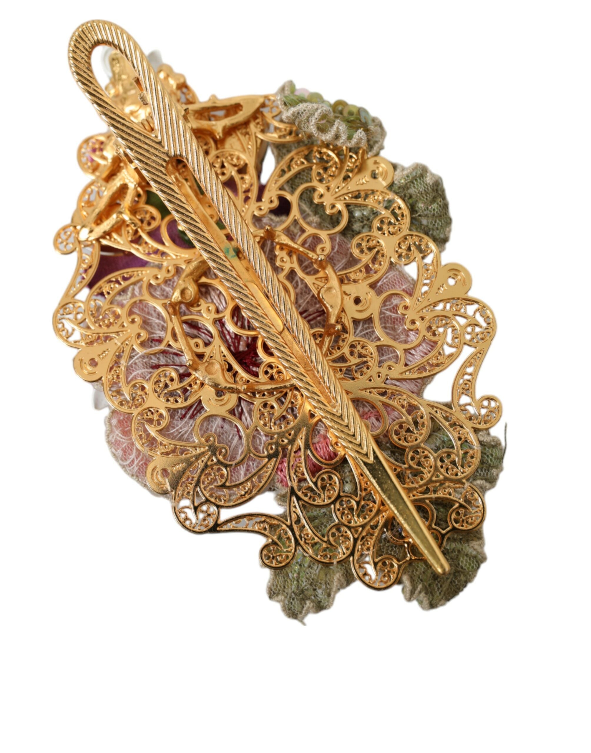 Dolce & Gabbana Gold Messing Floral Kristall Pailletten Haarspange-3