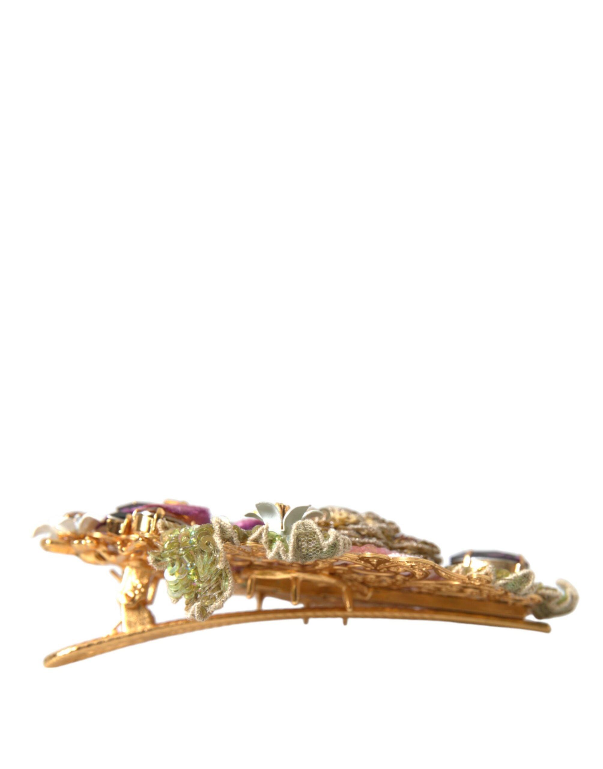 Dolce & Gabbana Gold Messing Floral Kristall Pailletten Haarspange-5