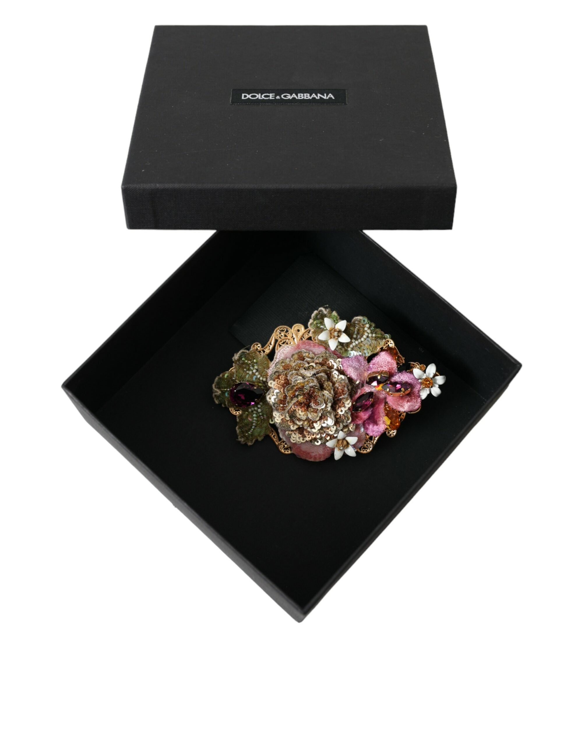 Dolce & Gabbana Gold Messing Floral Kristall Pailletten Haarspange-6
