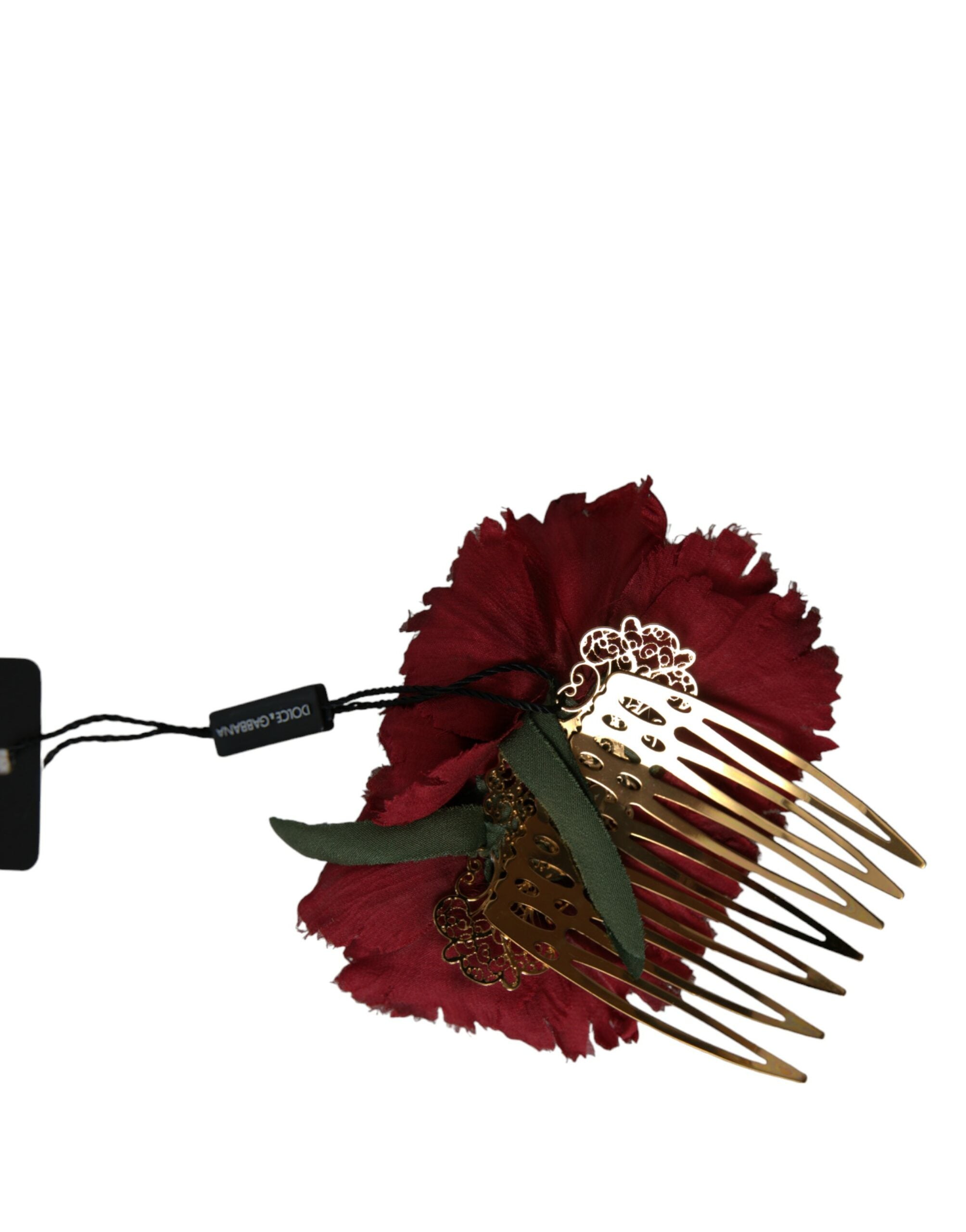 Dolce & Gabbana Rote Seide Floral Gold Messing Frauen Haarkamm-2