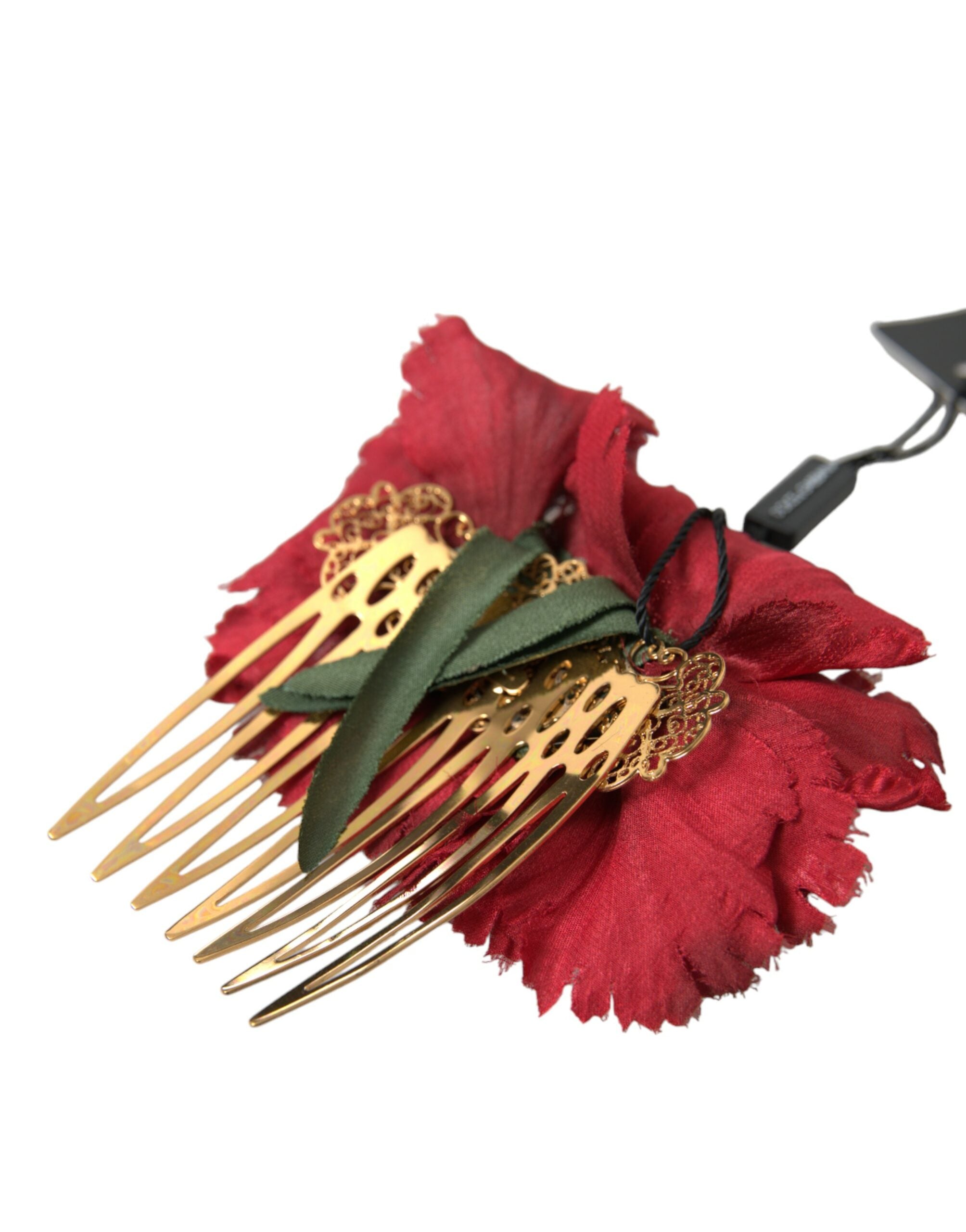 Dolce & Gabbana Rote Seide Floral Gold Messing Frauen Haarkamm-4