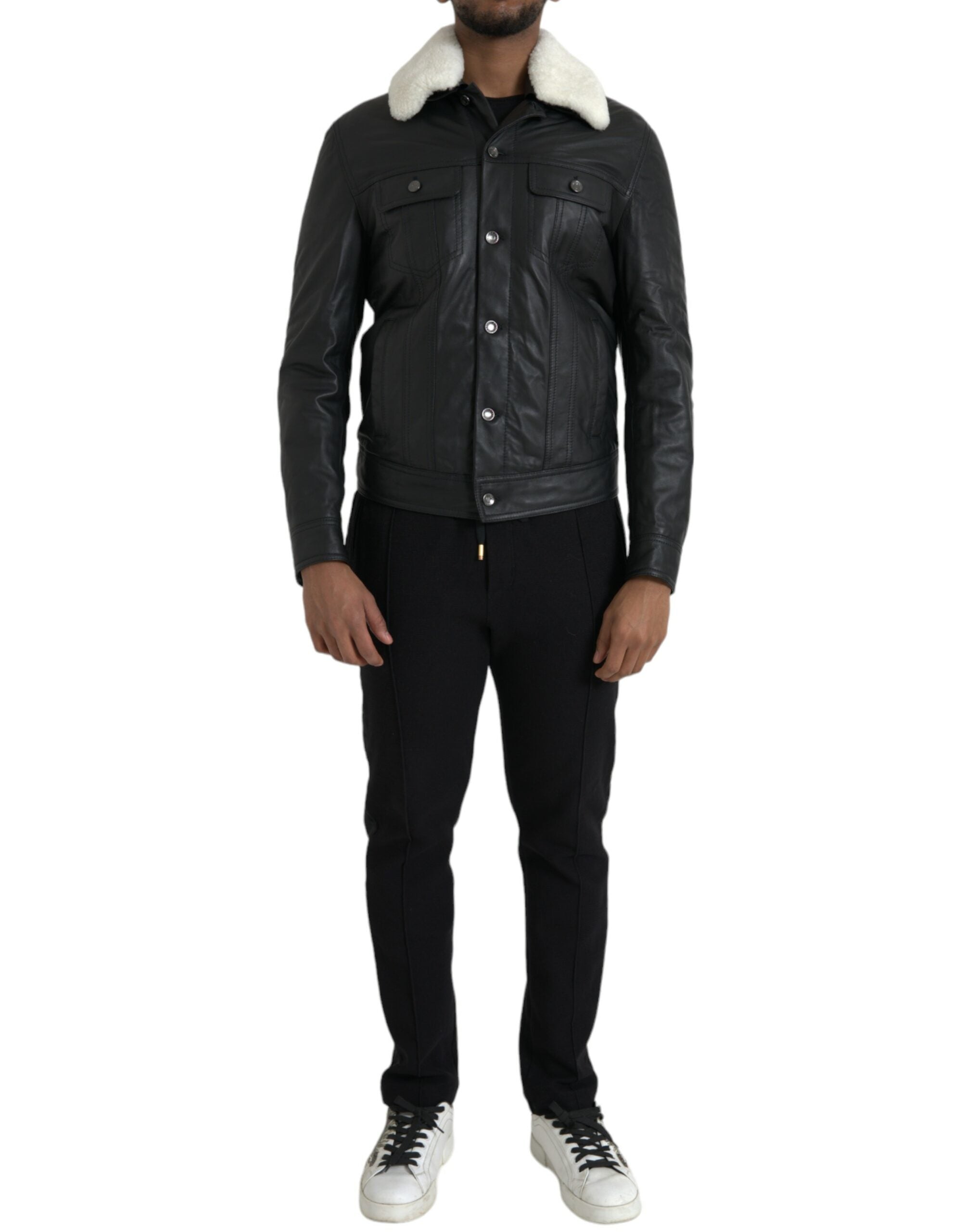 Dolce & Gabbana Black Leather Fur Collar Biker Coat Jacket-2