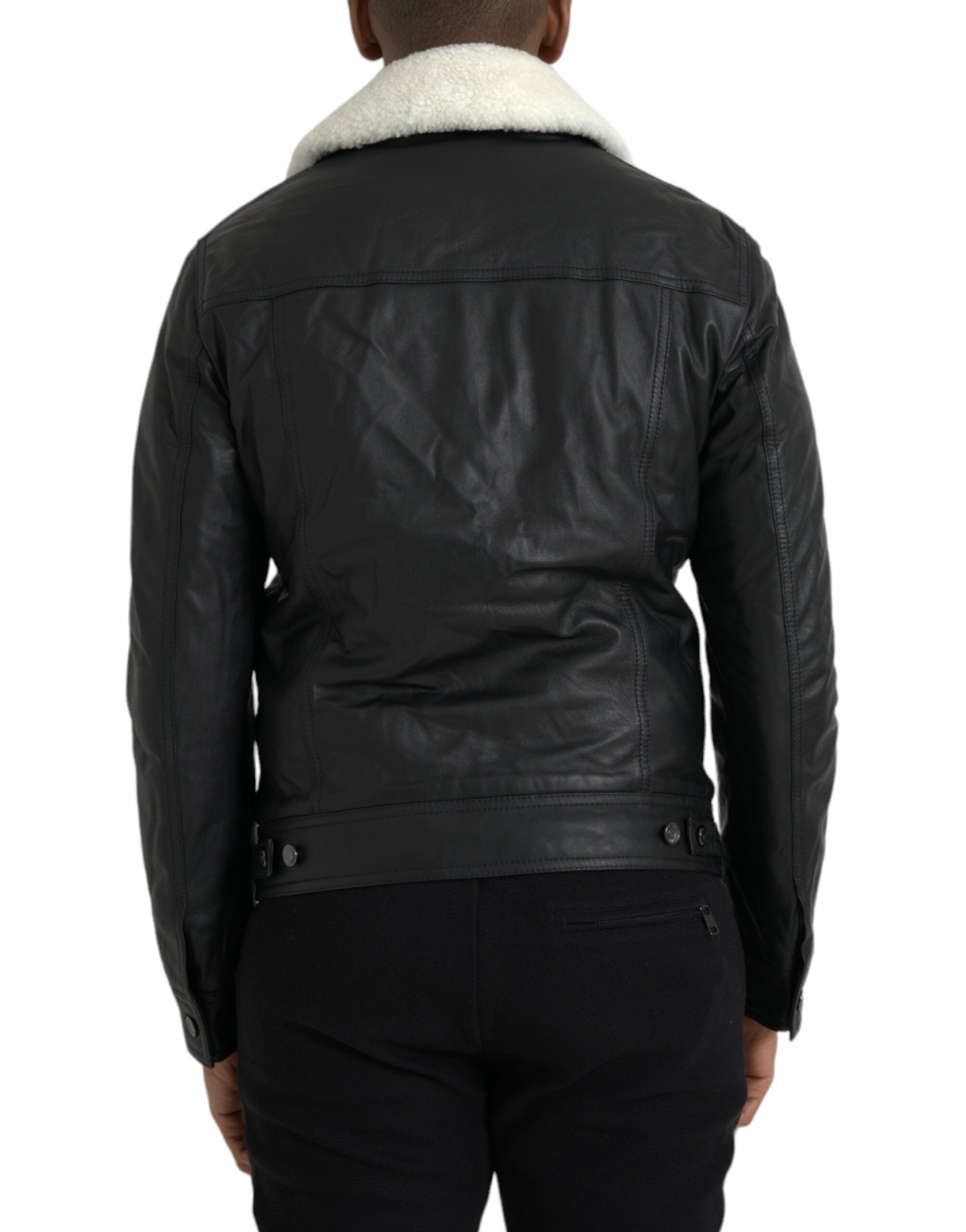 Dolce & Gabbana Black Leather Fur Collar Biker Coat Jacket-3
