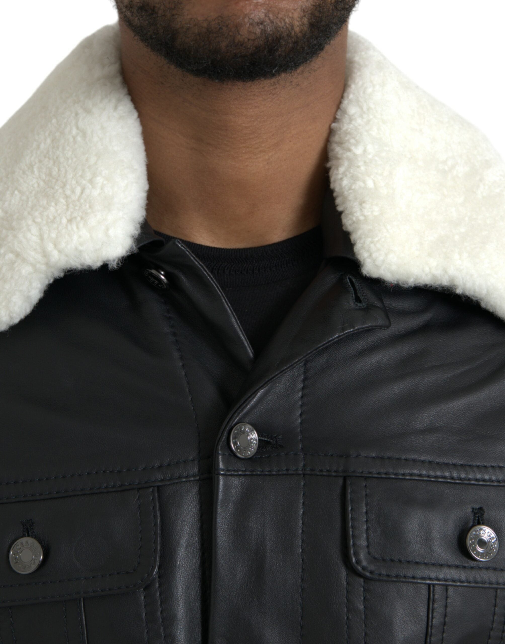 Dolce & Gabbana Black Leather Fur Collar Biker Coat Jacket-4