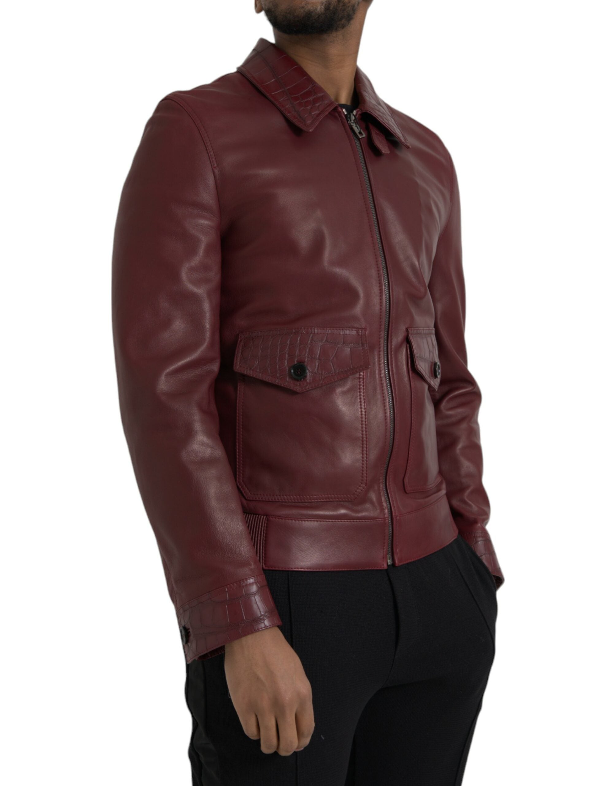 Dolce & Gabbana Maroon Exotisches Leder Zip Biker Mantel Jacke-2