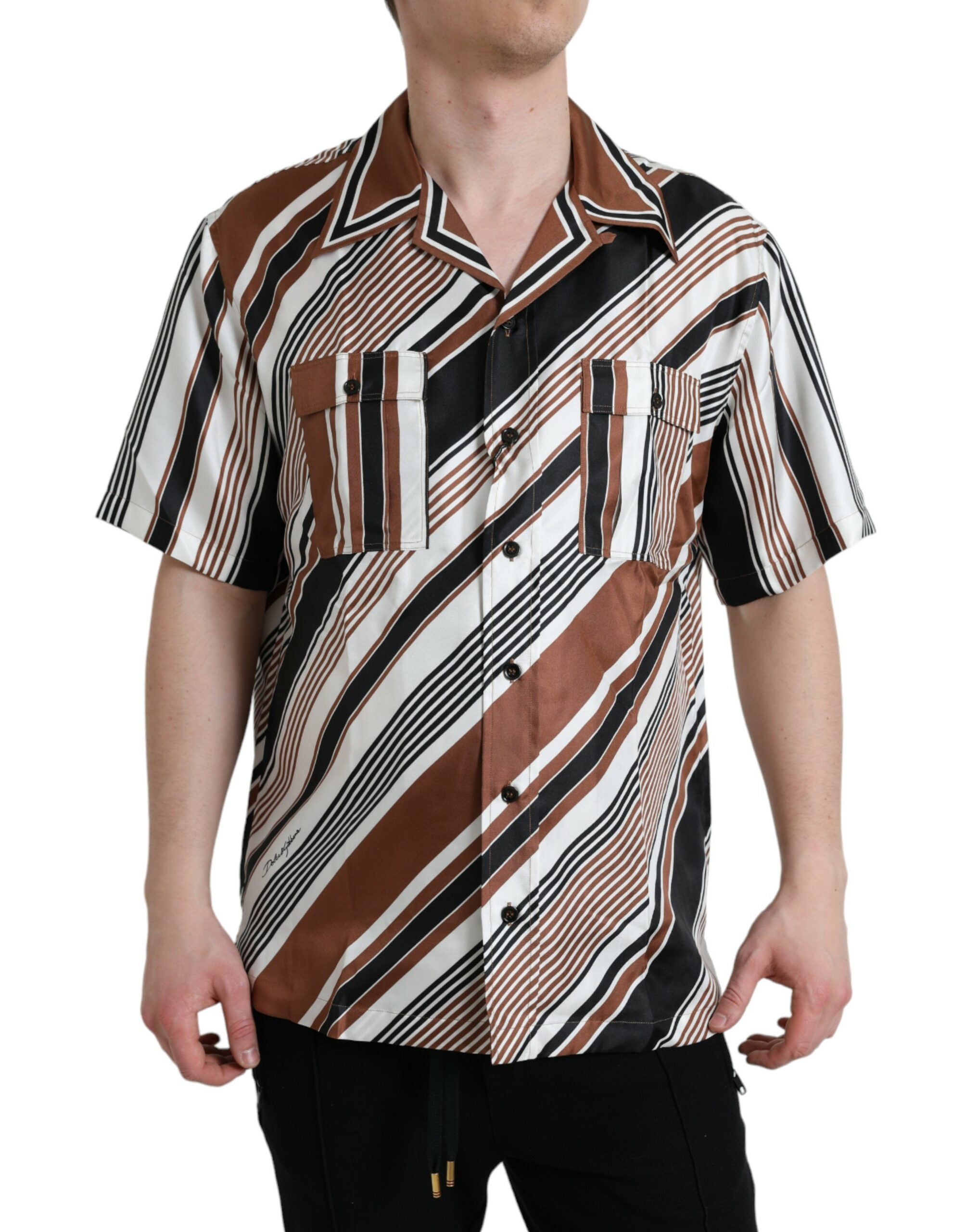 Dolce & Gabbana brown and white striped silk short-sleeved shirt-1