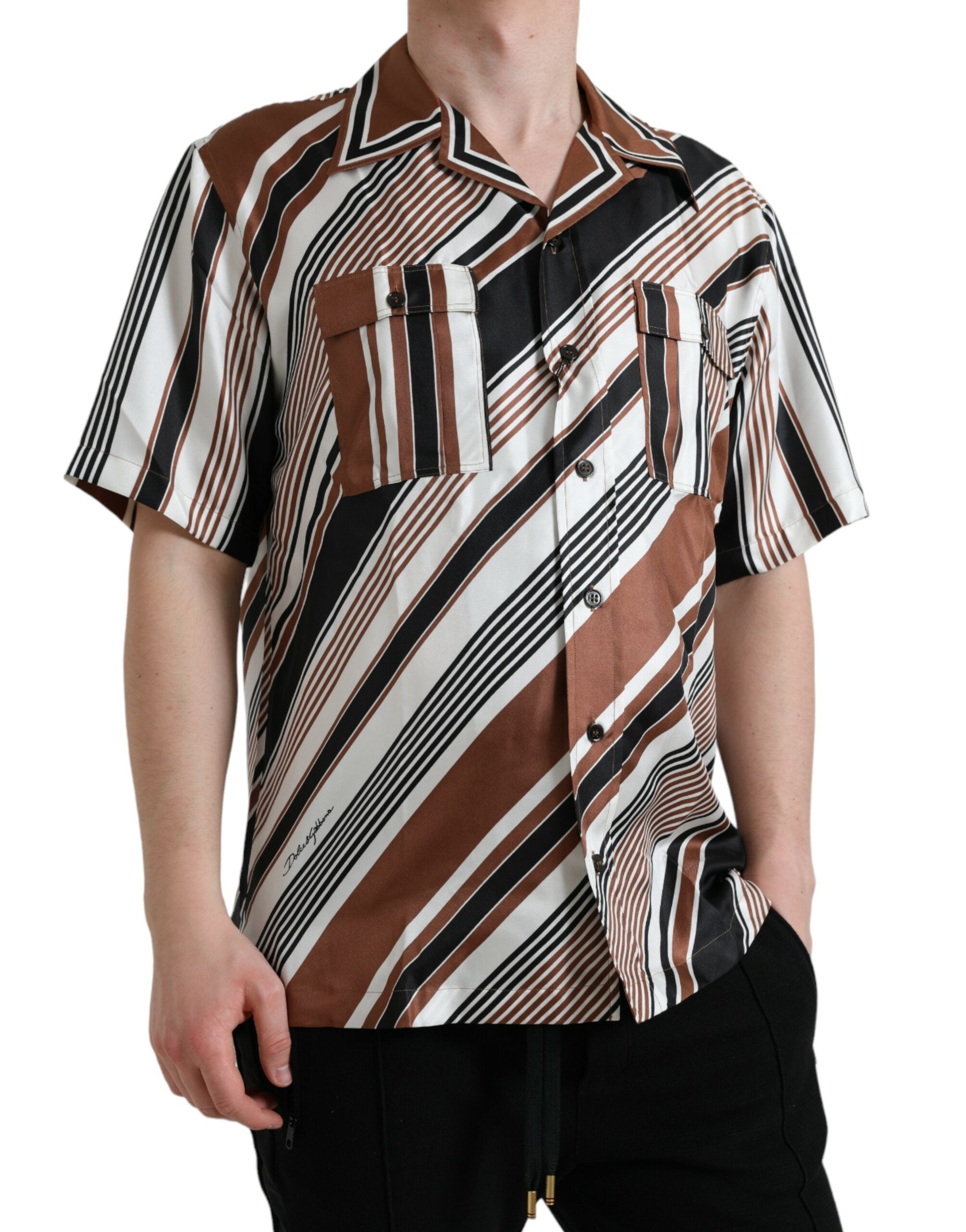 Dolce & Gabbana brown and white striped silk short-sleeved shirt-2
