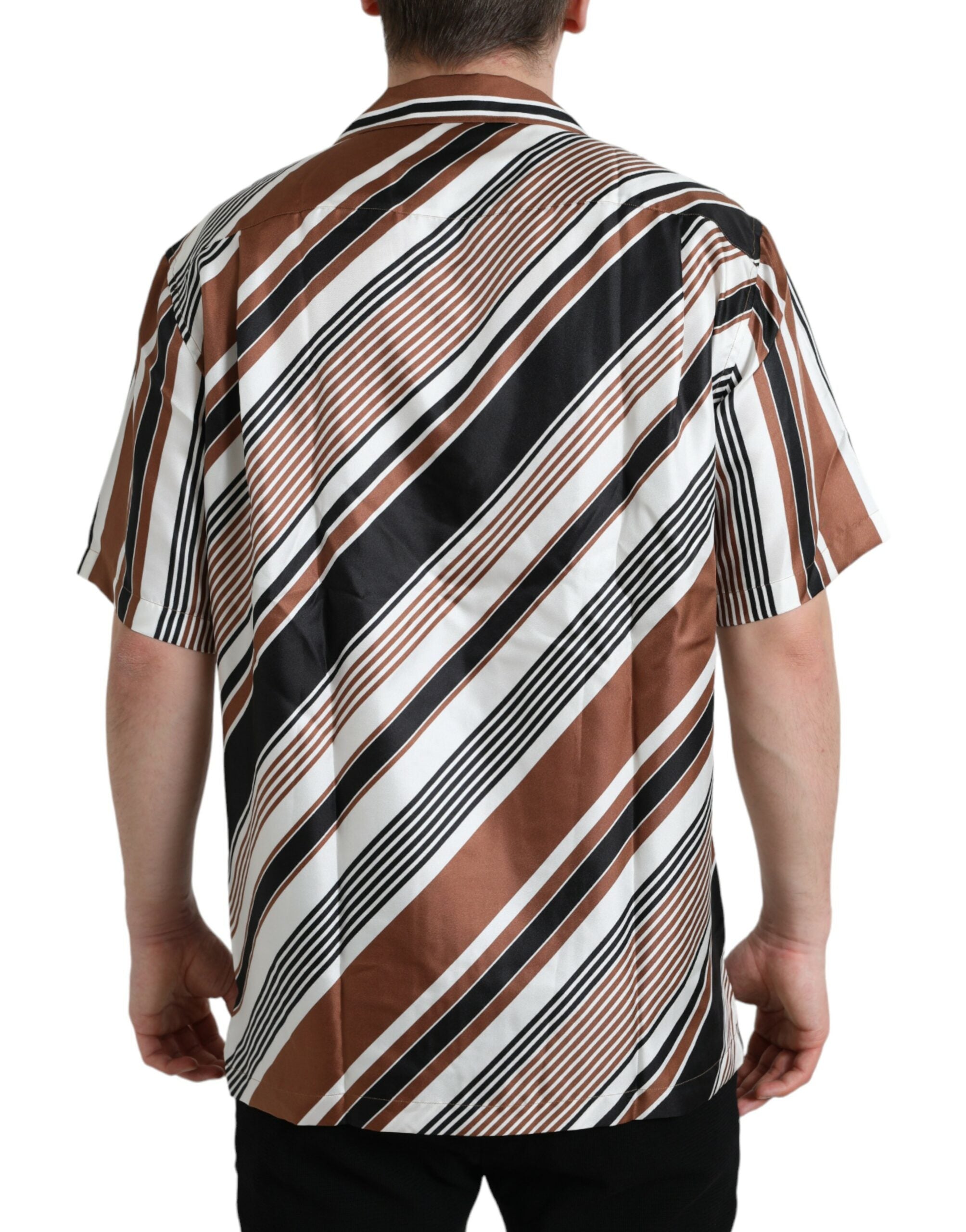 Dolce & Gabbana brown and white striped silk short-sleeved shirt-3