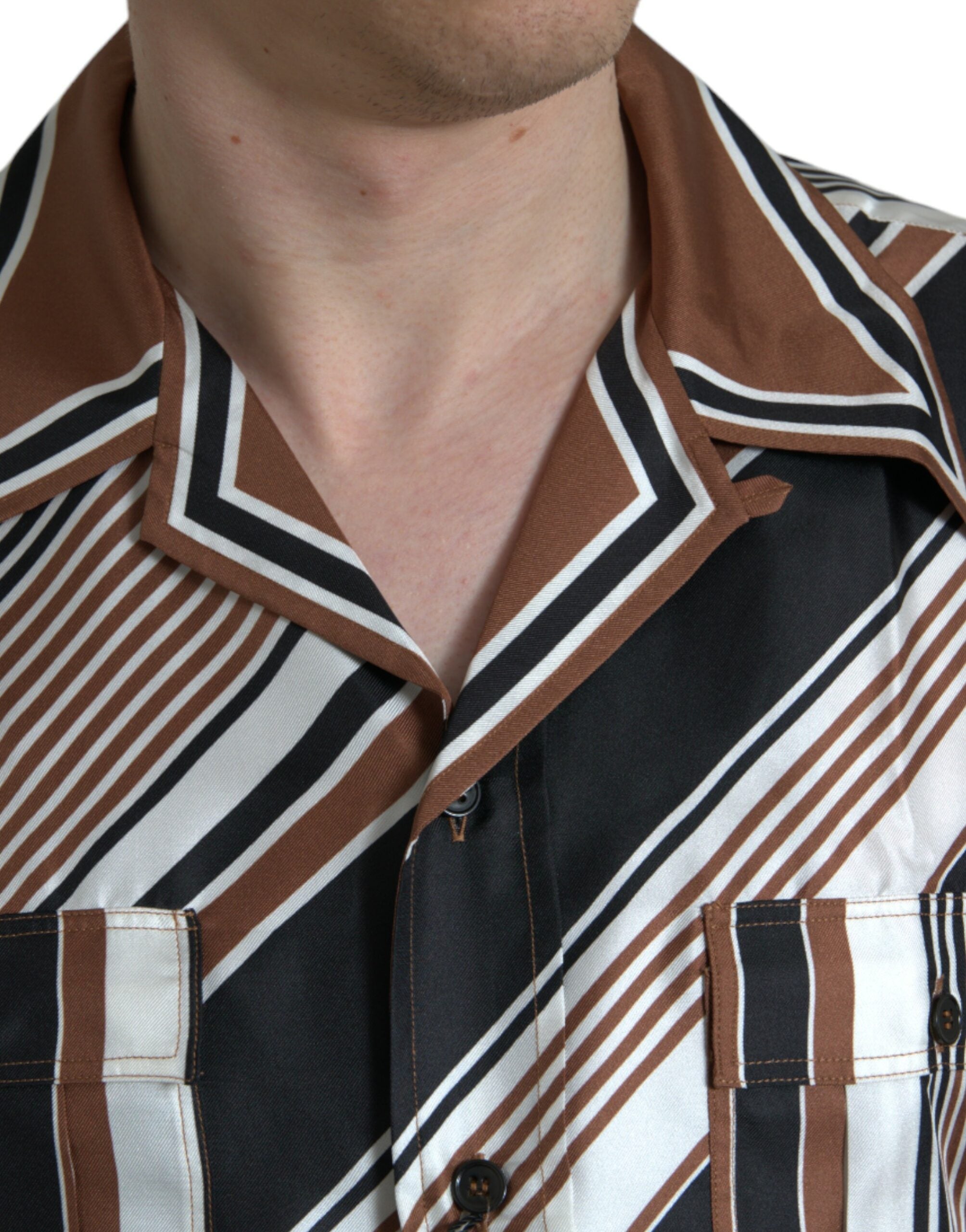 Dolce & Gabbana brown and white striped silk short-sleeved shirt-4