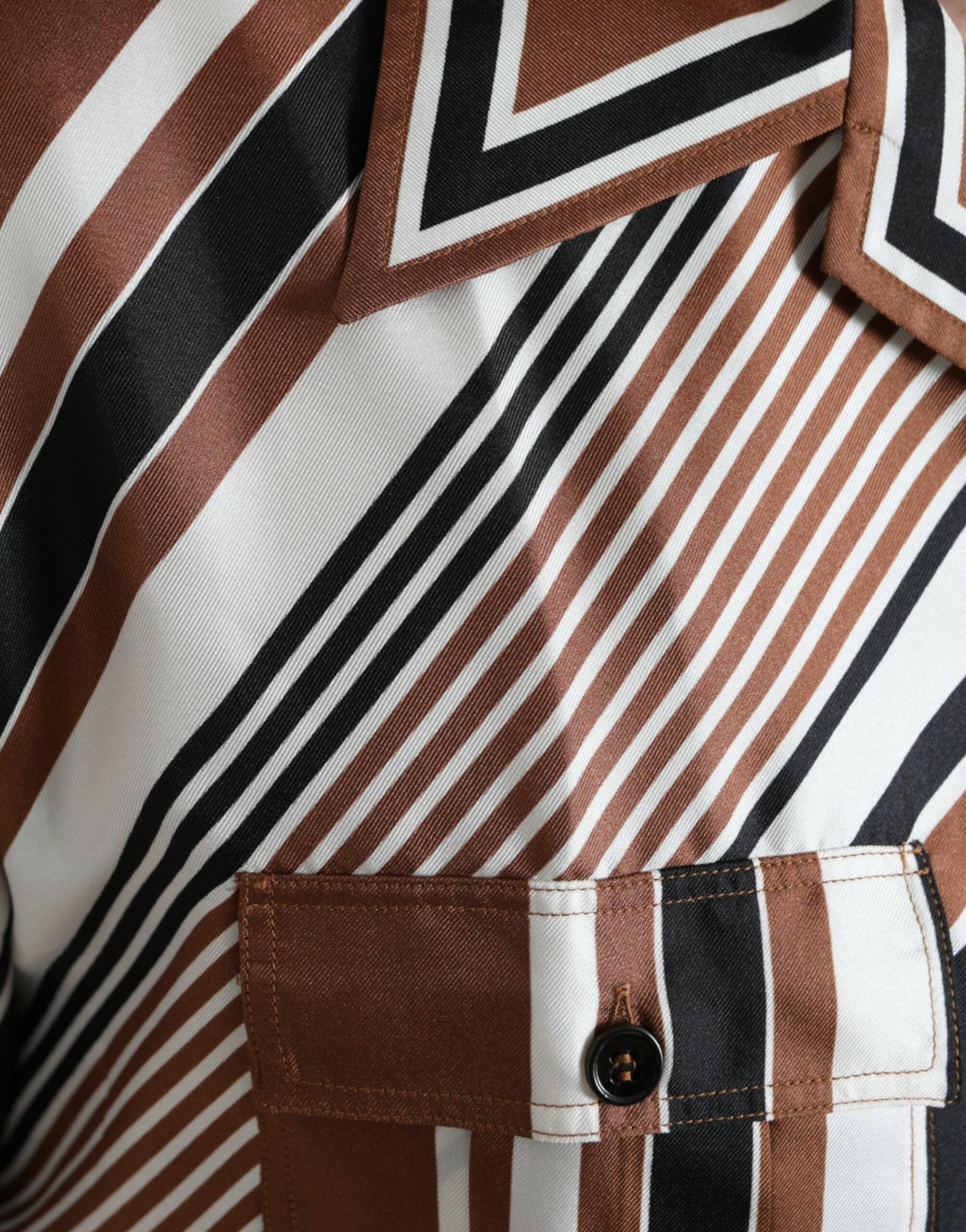 Dolce & Gabbana brown and white striped silk short-sleeved shirt-6