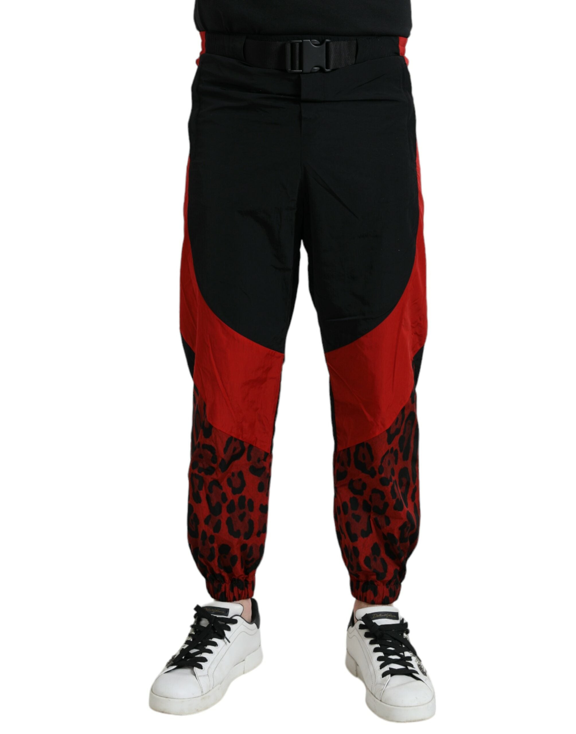 Dolce & Gabbana Schwarz-Rot Leopard Print Nylon Jogger Hose-1