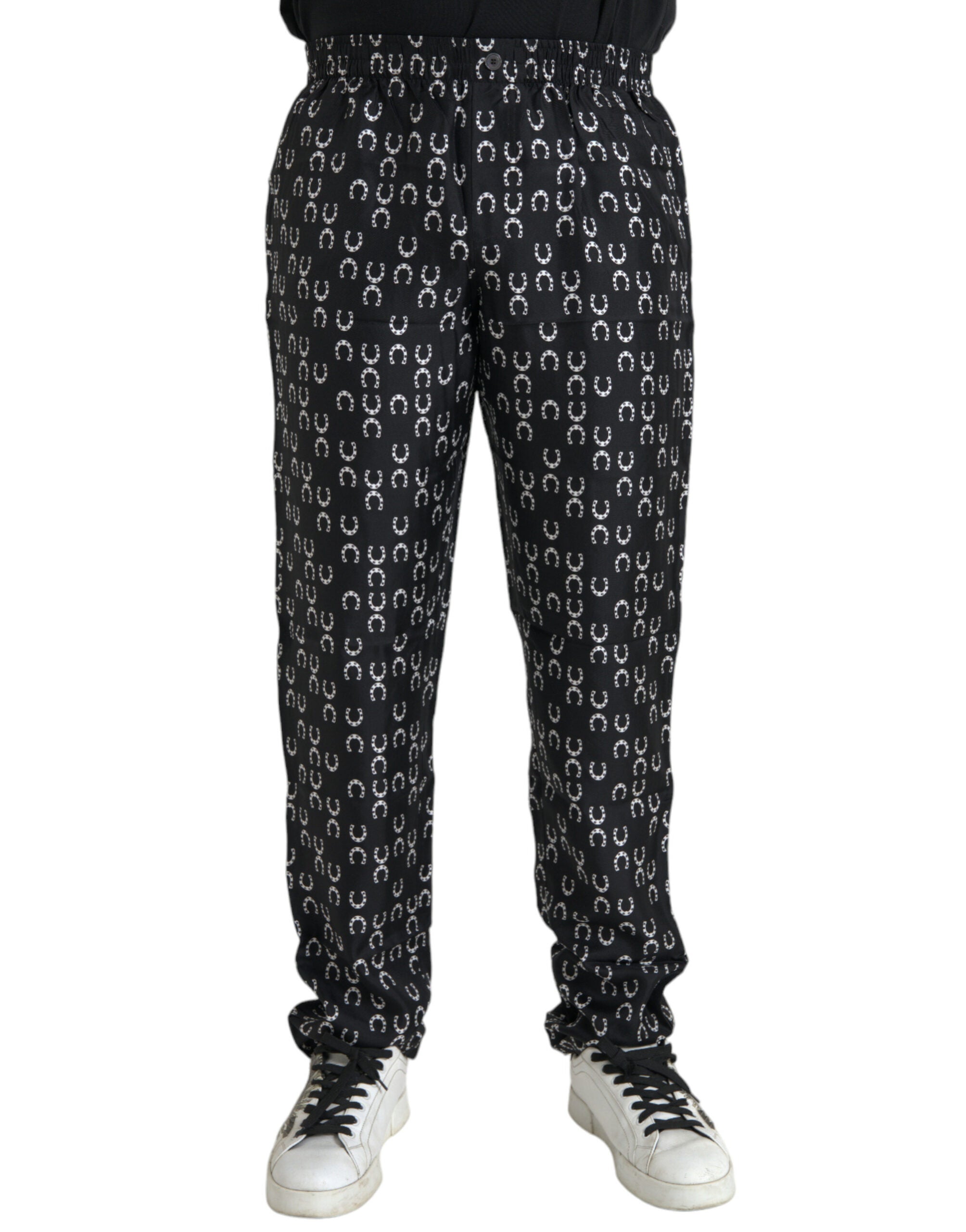 Dolce & Gabbana black silk trousers with horseshoe pattern-1
